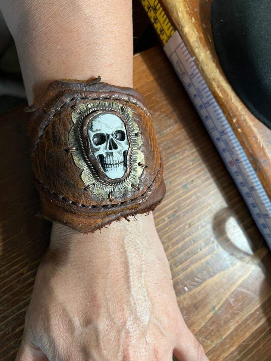 Leather Cuff Bracelet with Skull, Mens, handmade by indigenous people of Mexico