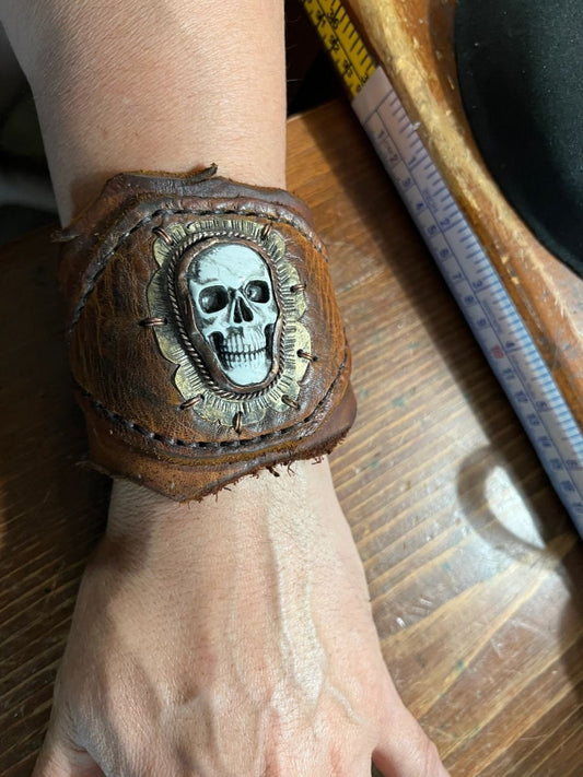 Leather Cuff Bracelet with Skull, Mens, handmade by indigenous people of Mexico