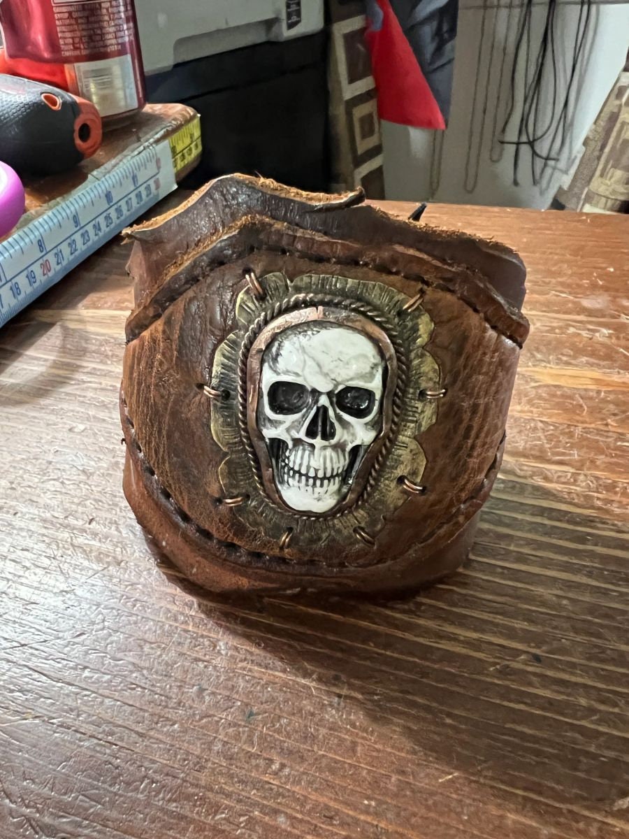 Leather Cuff Bracelet with Skull, Mens, handmade by indigenous people of Mexico
