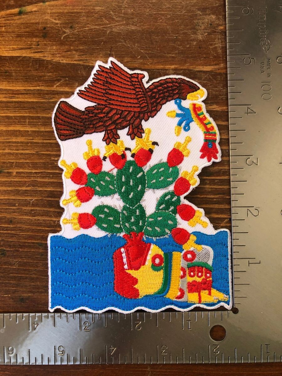 Foundation Eagle on Cactus with Atl-tlachinolli Symbol Patch, 5" Aztec, Azteca, Mexico, Mexica - water-fire symbol, iron-on, patches