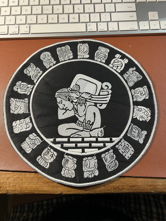 Large Mayan Calendar Back Patch, 9.5in. Silver on Black Iron on patches, Maya, Mexican, Mexico, Yucatan