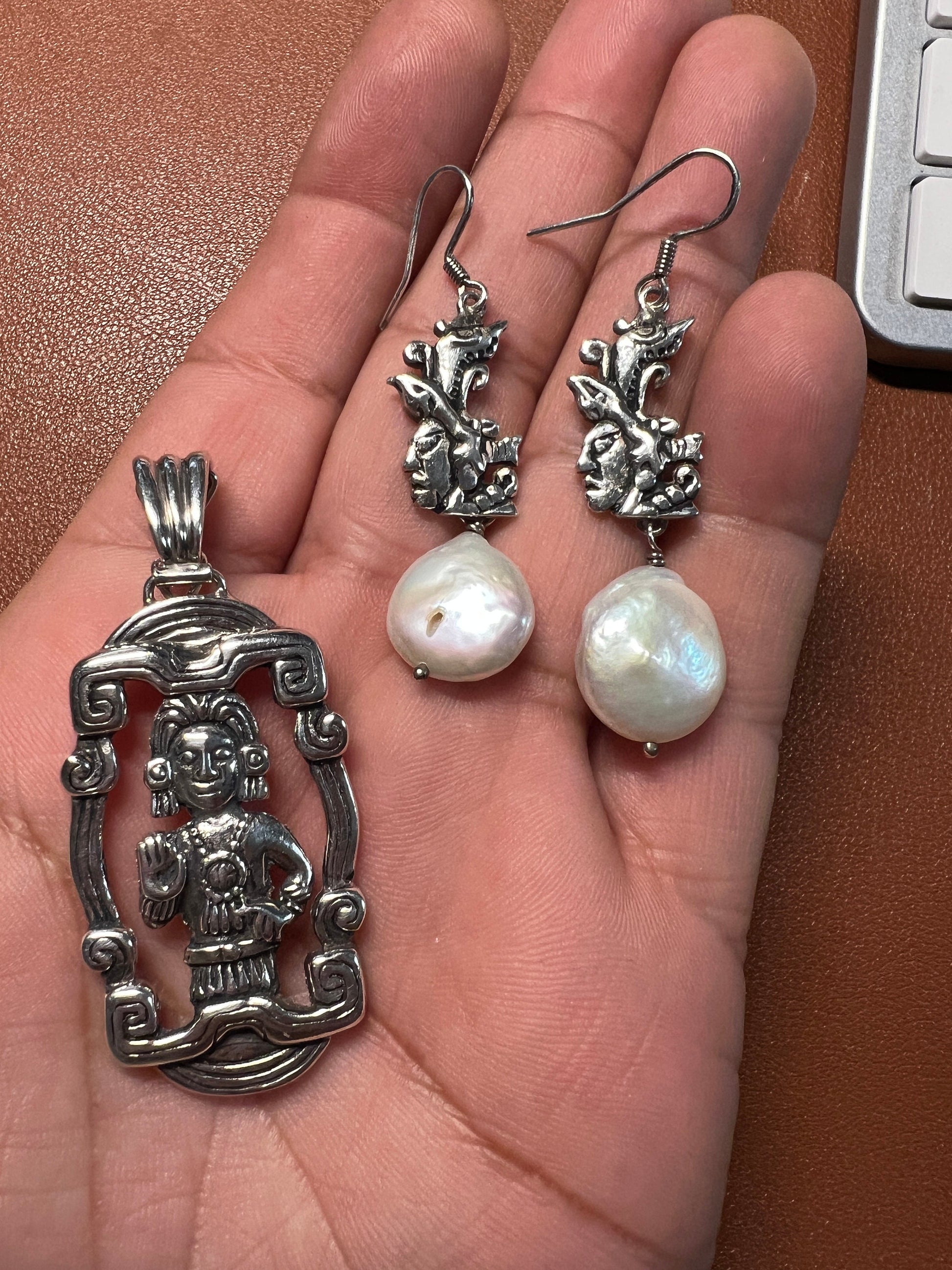 Mayan Pendant and Earrings Set 925, with Pearls, Vintage, from Yucatan Peninsula, Mexico, 19 grams (#5)