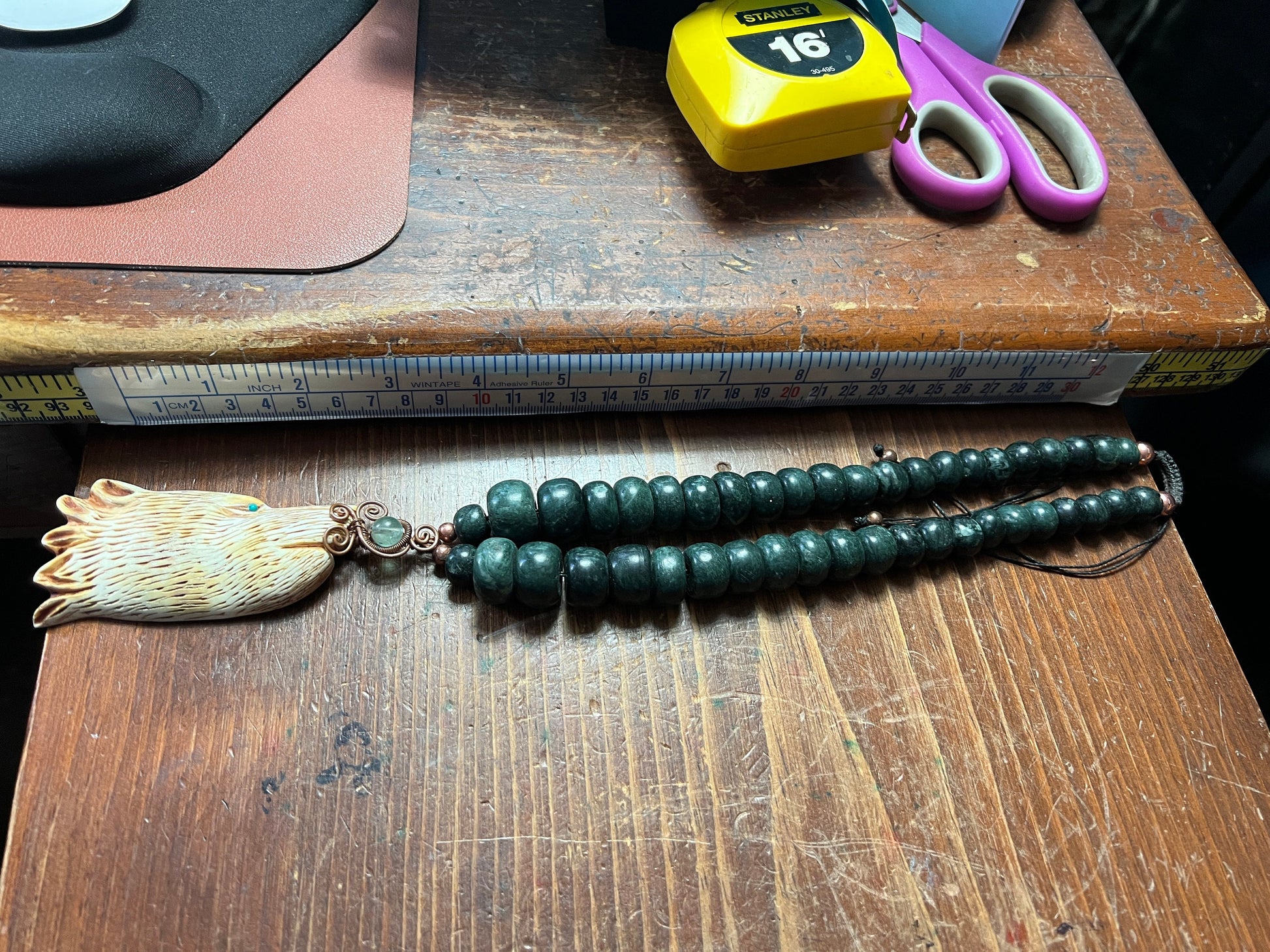 Jade and Bone Wolf Necklace, Made Mexico, Heavy Jade Beaded Necklace, Rare, handmade adjustable (#11)