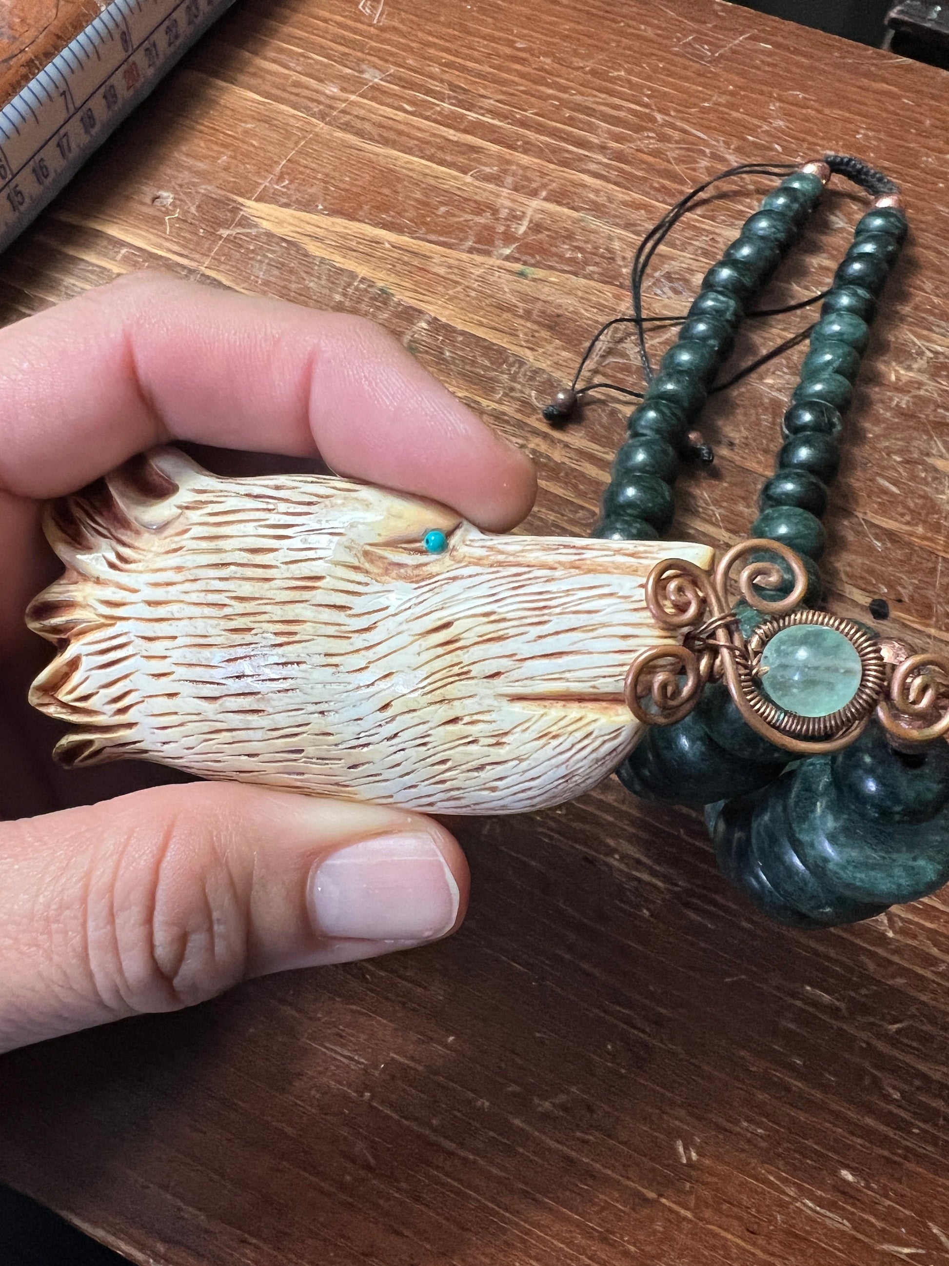 Jade and Bone Wolf Necklace, Made Mexico, Heavy Jade Beaded Necklace, Rare, handmade adjustable (#11)