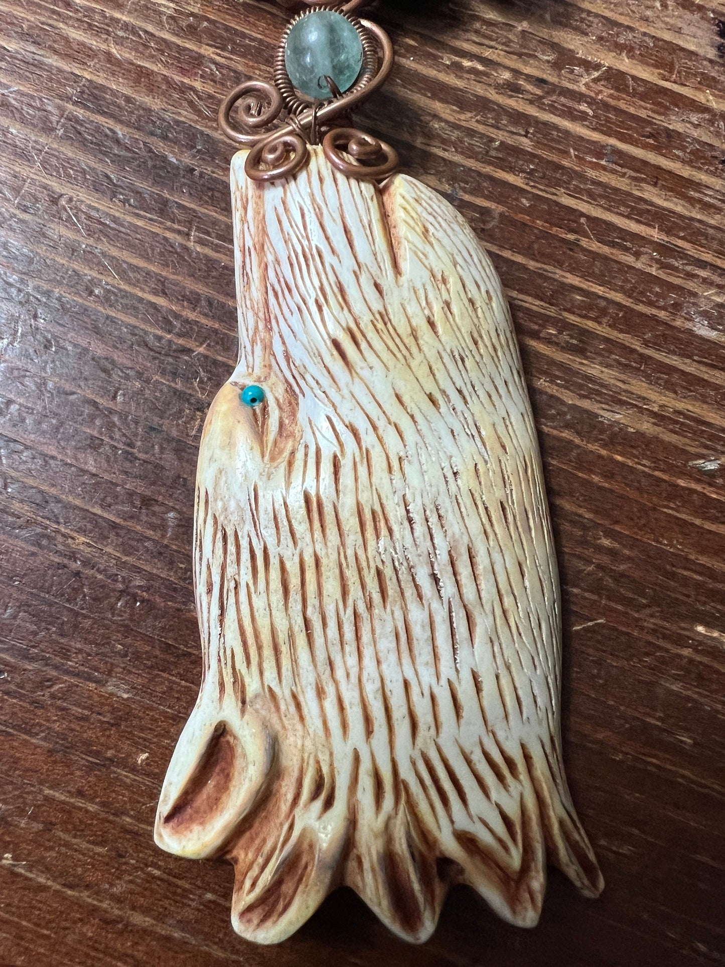 Jade and Bone Wolf Necklace, Made Mexico, Heavy Jade Beaded Necklace, Rare, handmade adjustable (#11)