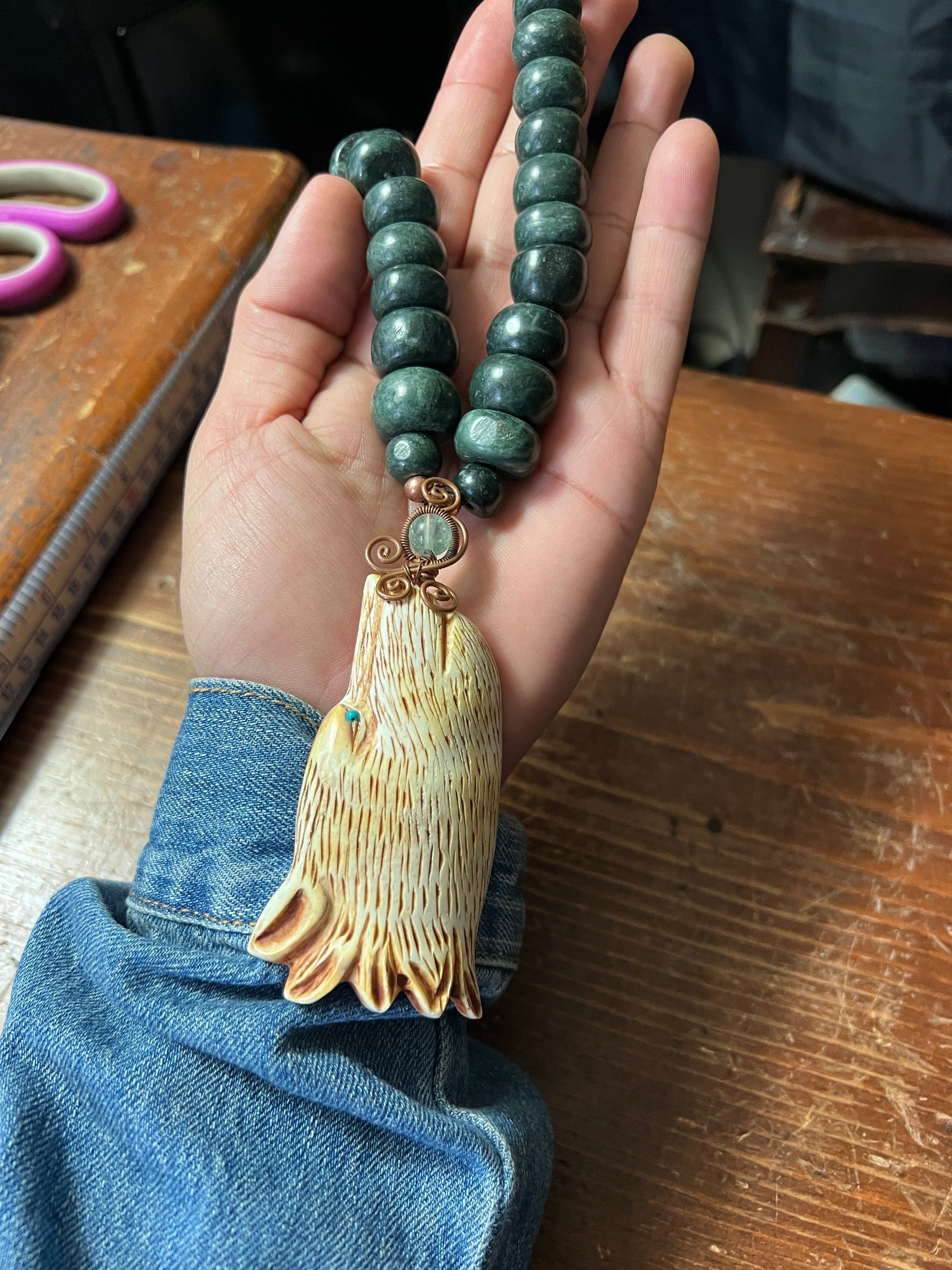 Jade and Bone Wolf Necklace, Made Mexico, Heavy Jade Beaded Necklace, Rare, handmade adjustable (#11)