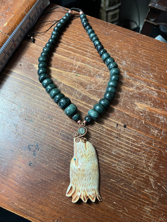 Jade and Bone Wolf Necklace, Made Mexico, Heavy Jade Beaded Necklace, Rare, handmade adjustable (#11)