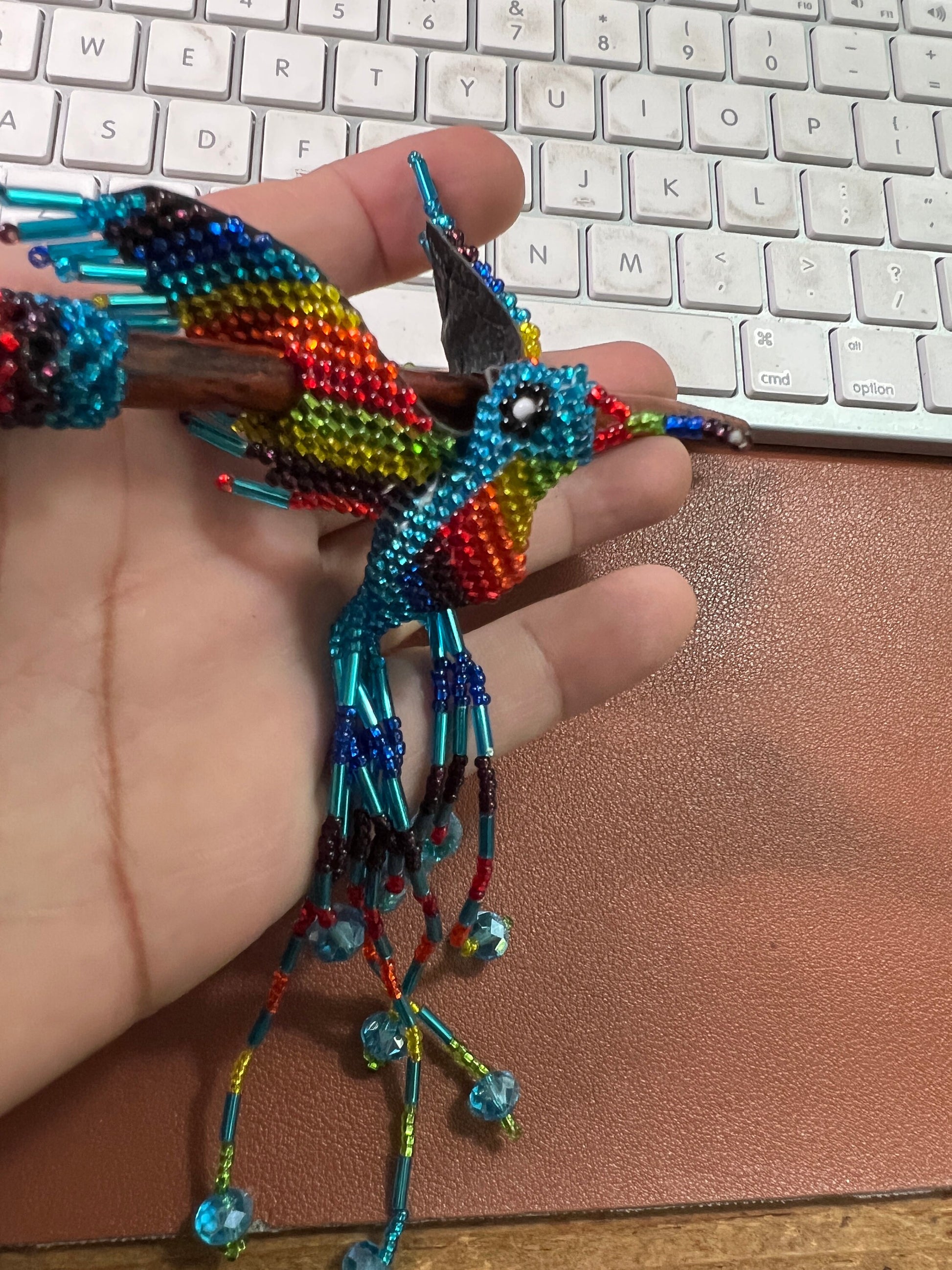 Huitzilopochtli Humming Bird Beaded Rainbow Hair Beret hand made by the Indigenous people of Mexico