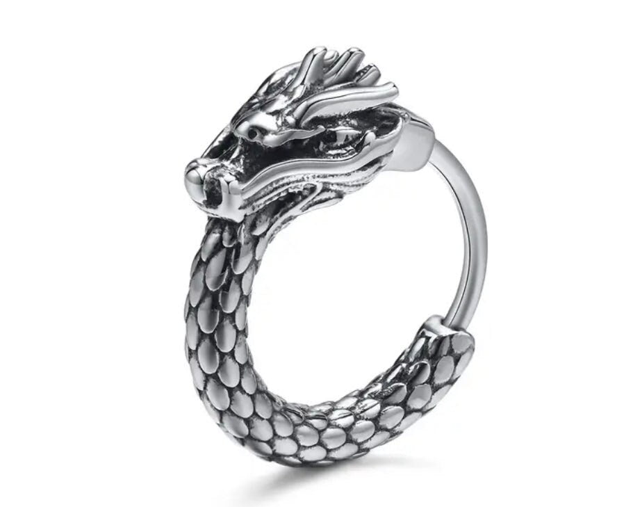 Dragon Earring, Quetzalcoatl, Kukulkan, Hoop Silver Tone Ear Ring