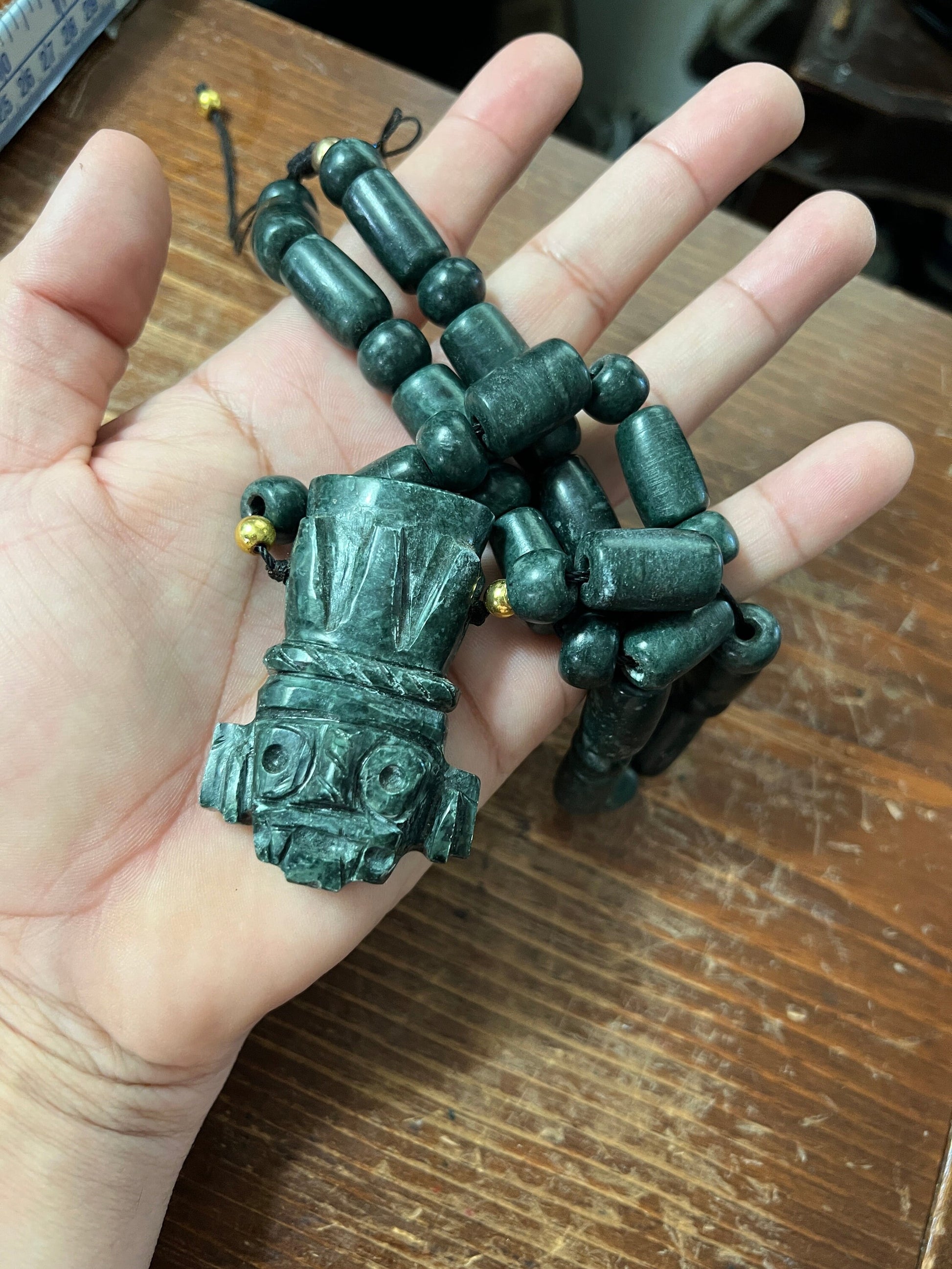 Tlaloc Jade Necklace Adjustable, Golden Spacers, Indigenous Necklaces, Aztec Rain God, Mexika, Mehxika, Mexico