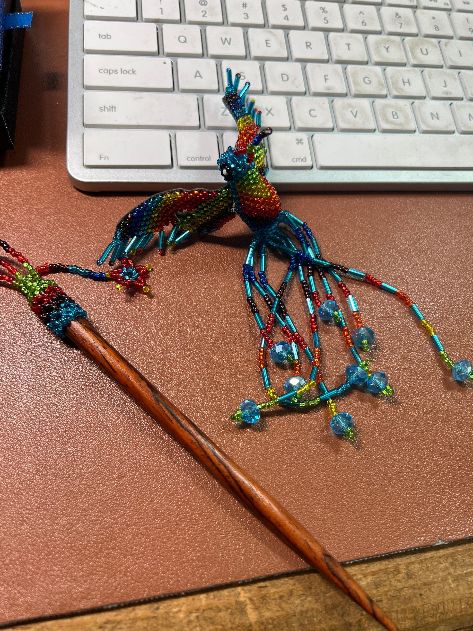 Huitzilopochtli Humming Bird Beaded Rainbow Hair Beret hand made by the Indigenous people of Mexico