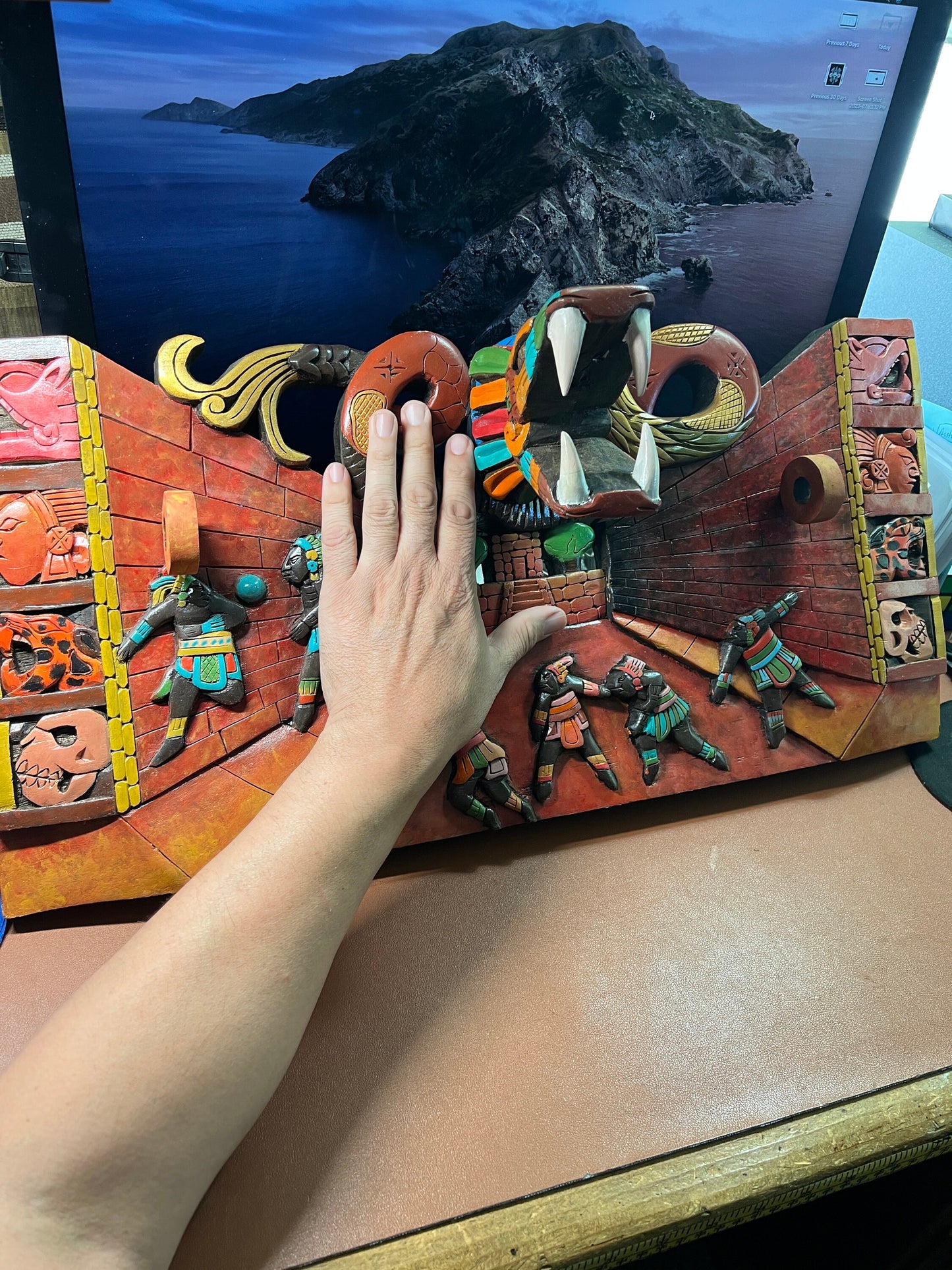 Large 3D Wood Carving of Pok-ta-pok Mayan Ball Game Court Game, Features 3D Serpent, Warriors, and Mayan Hieroglyphs - handmade, Mexico