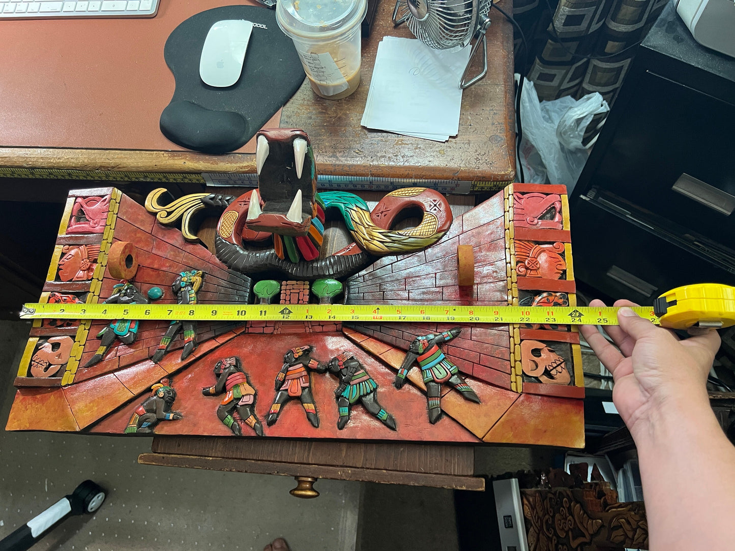 Large 3D Wood Carving of Pok-ta-pok Mayan Ball Game Court Game, Features 3D Serpent, Warriors, and Mayan Hieroglyphs - handmade, Mexico