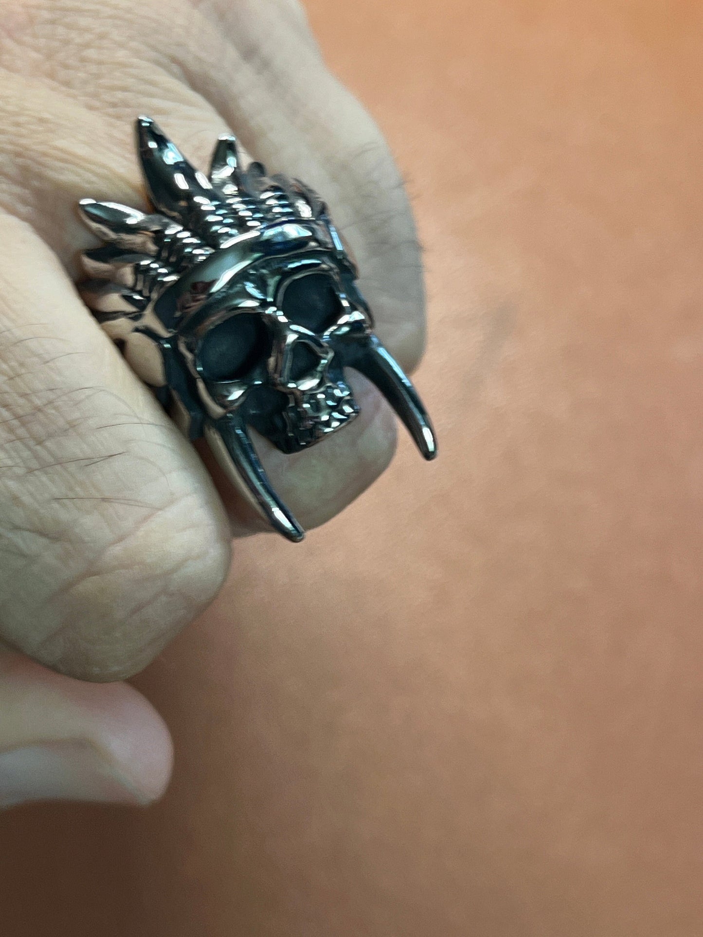 Ring, Skull Chief Headdress Ring, Men's, Native American, Aztec, Rocker, Biker (#8)
