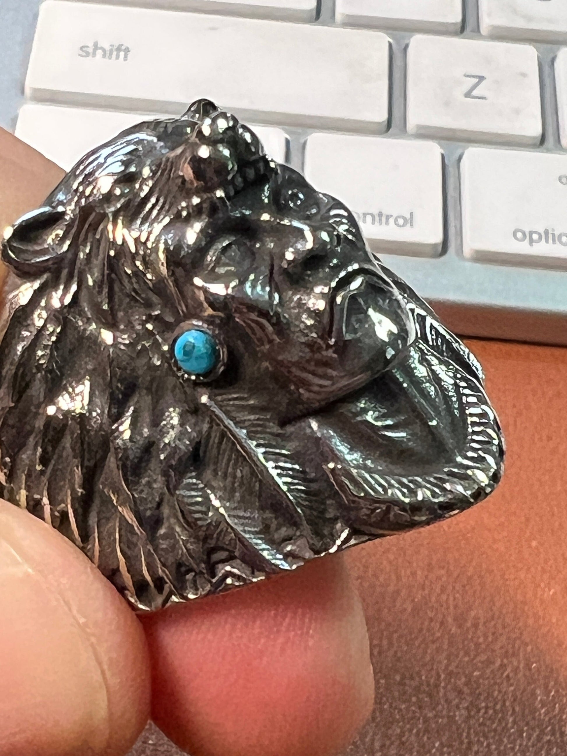 Ring, Native American Indian Chief, Wolf Headdreess, Turquoise embellishments (#8)