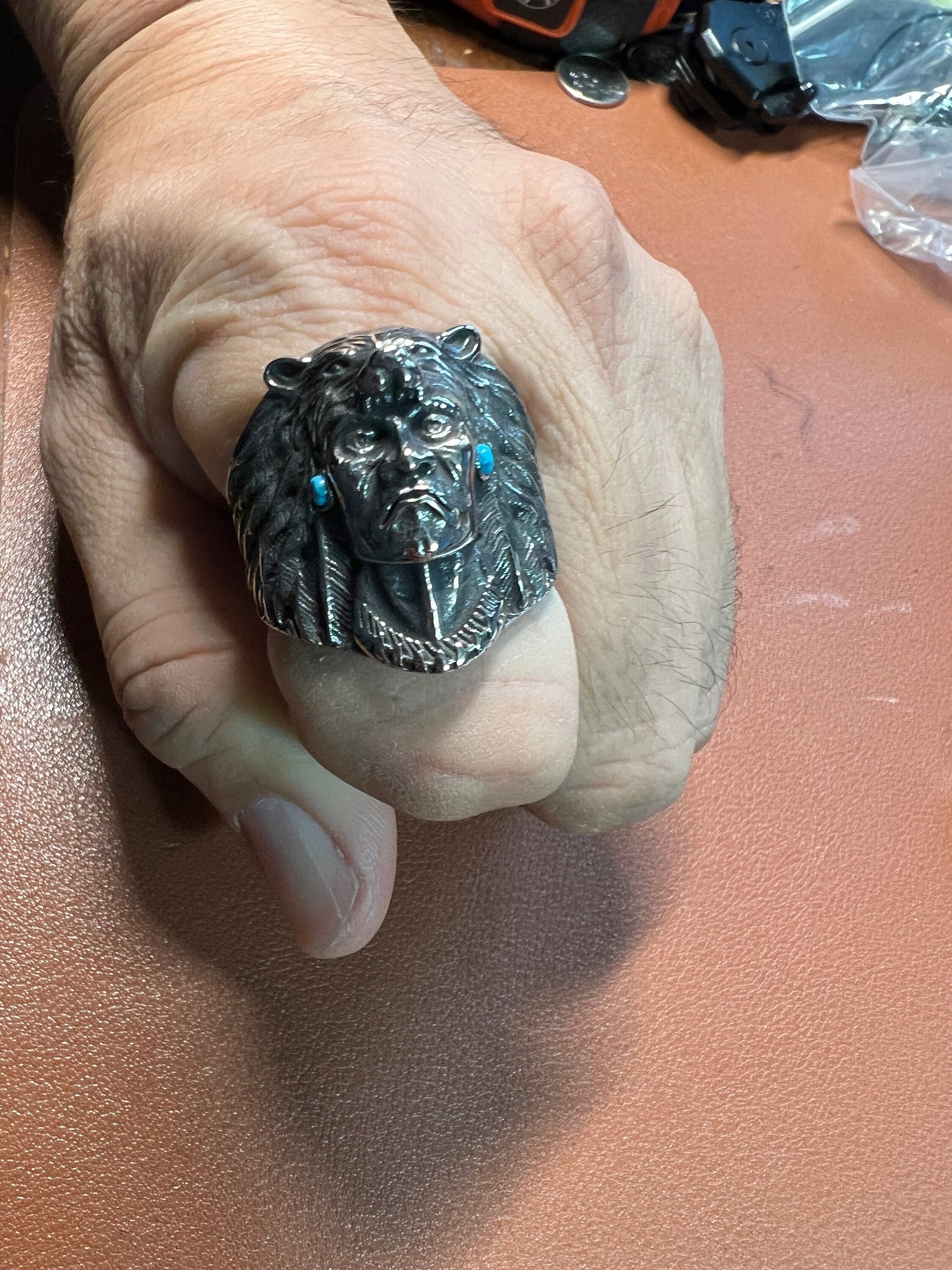 Ring, Native American Indian Chief, Wolf Headdreess, Turquoise embellishments (#8)
