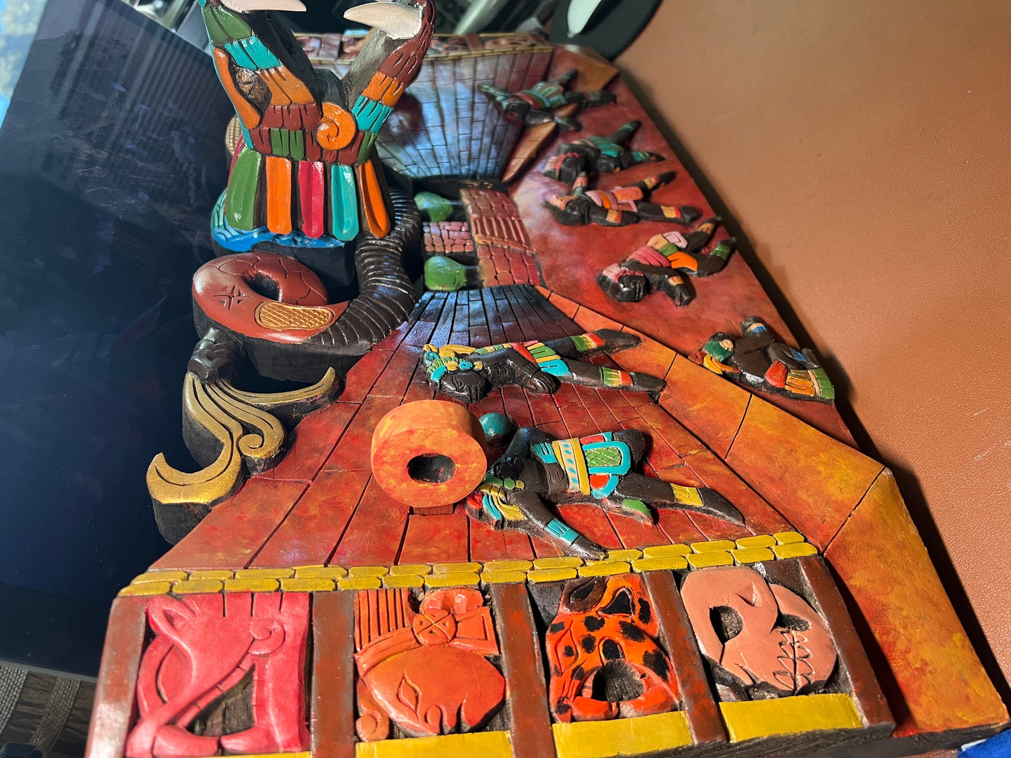 Large 3D Wood Carving of Pok-ta-pok Mayan Ball Game Court Game, Features 3D Serpent, Warriors, and Mayan Hieroglyphs - handmade, Mexico