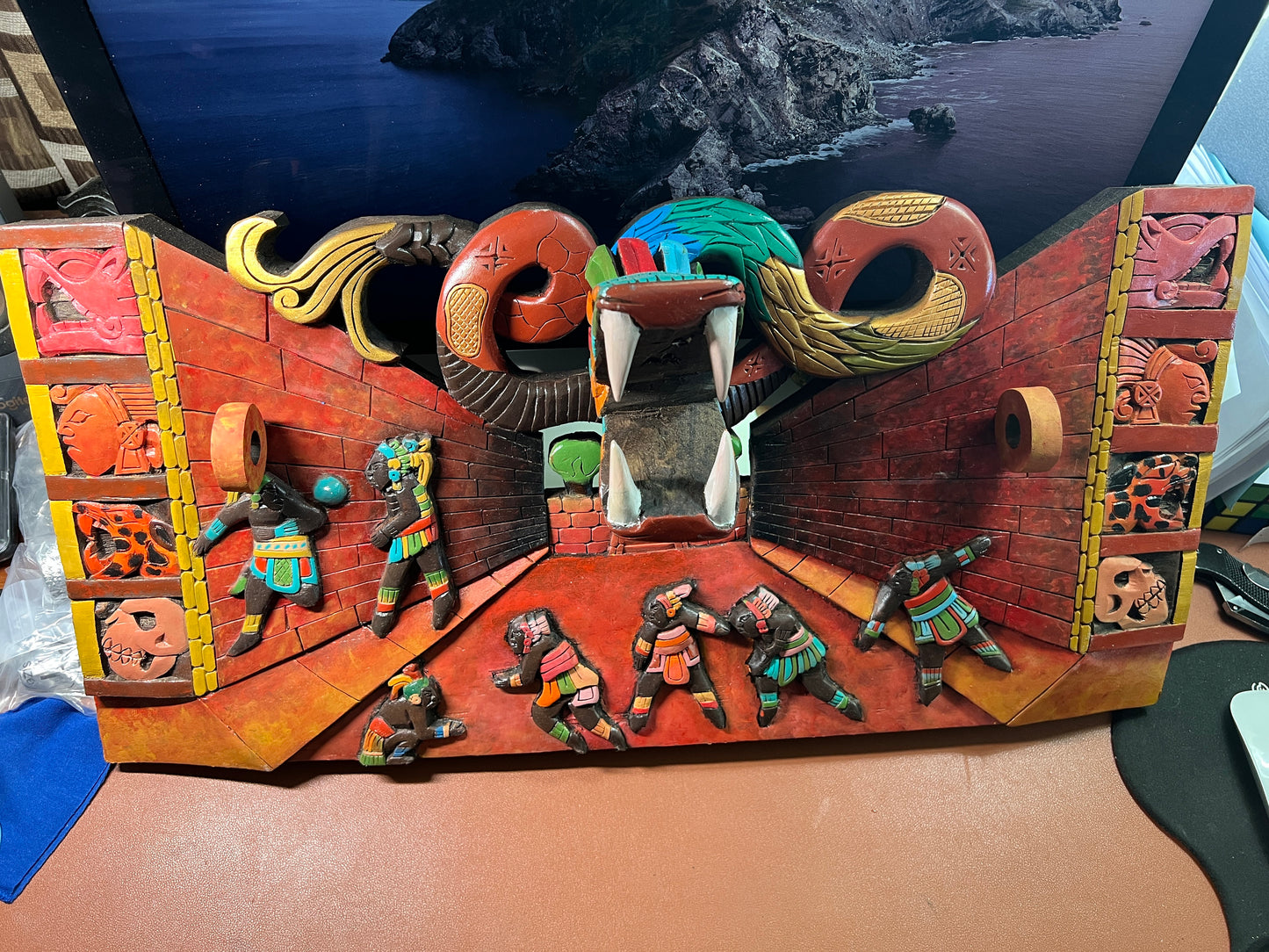 Large 3D Wood Carving of Pok-ta-pok Mayan Ball Game Court Game, Features 3D Serpent, Warriors, and Mayan Hieroglyphs - handmade, Mexico
