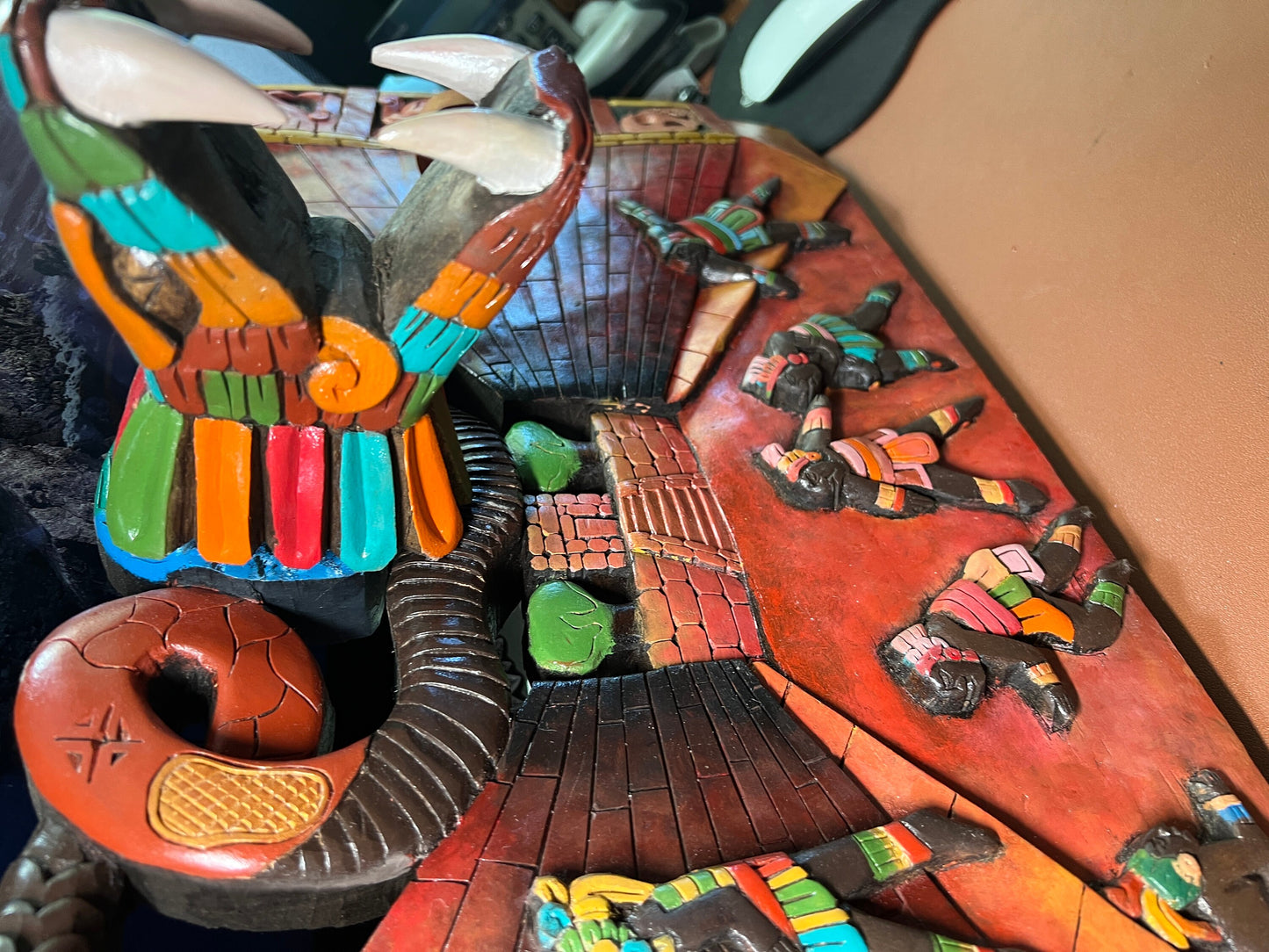 Large 3D Wood Carving of Pok-ta-pok Mayan Ball Game Court Game, Features 3D Serpent, Warriors, and Mayan Hieroglyphs - handmade, Mexico