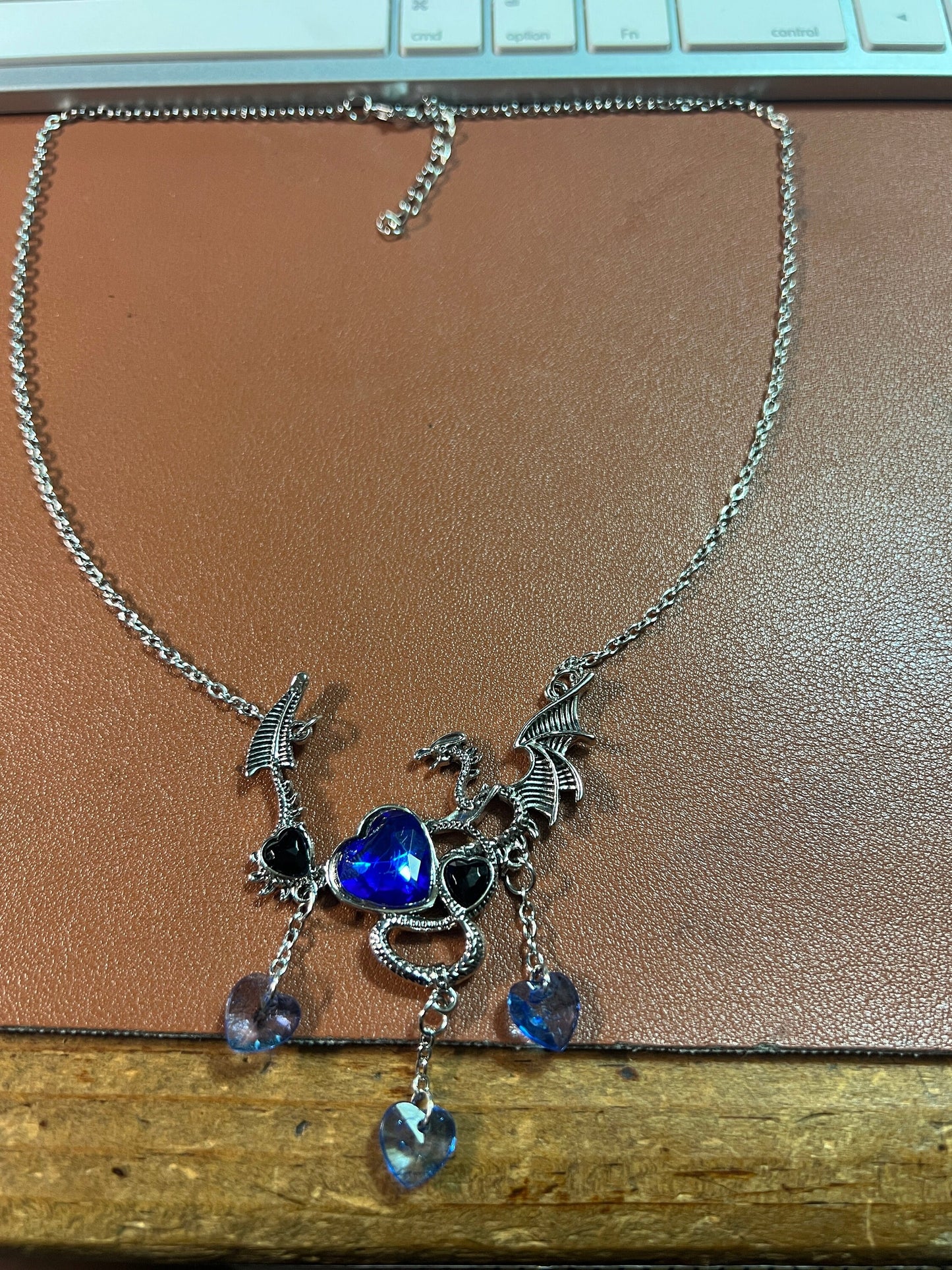 Dragon Necklace, Silver Tone Alloy, Blue or Red Costume Gems, 20" plus