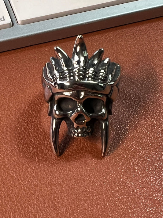 Ring, Skull Chief Headdress Ring, Men's, Native American, Aztec, Rocker, Biker (#8)