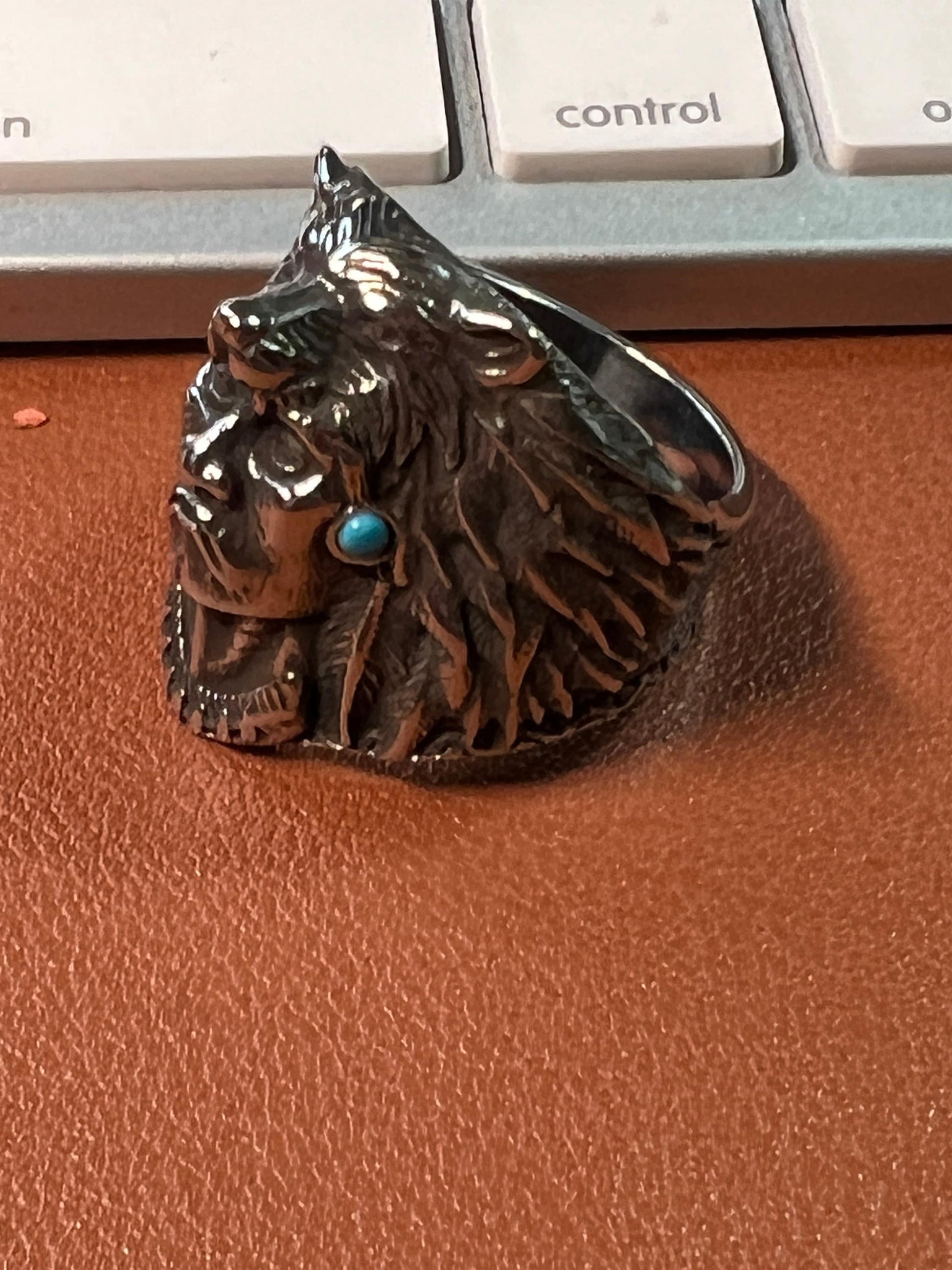 Ring, Native American Indian Chief, Wolf Headdreess, Turquoise embellishments (#8)