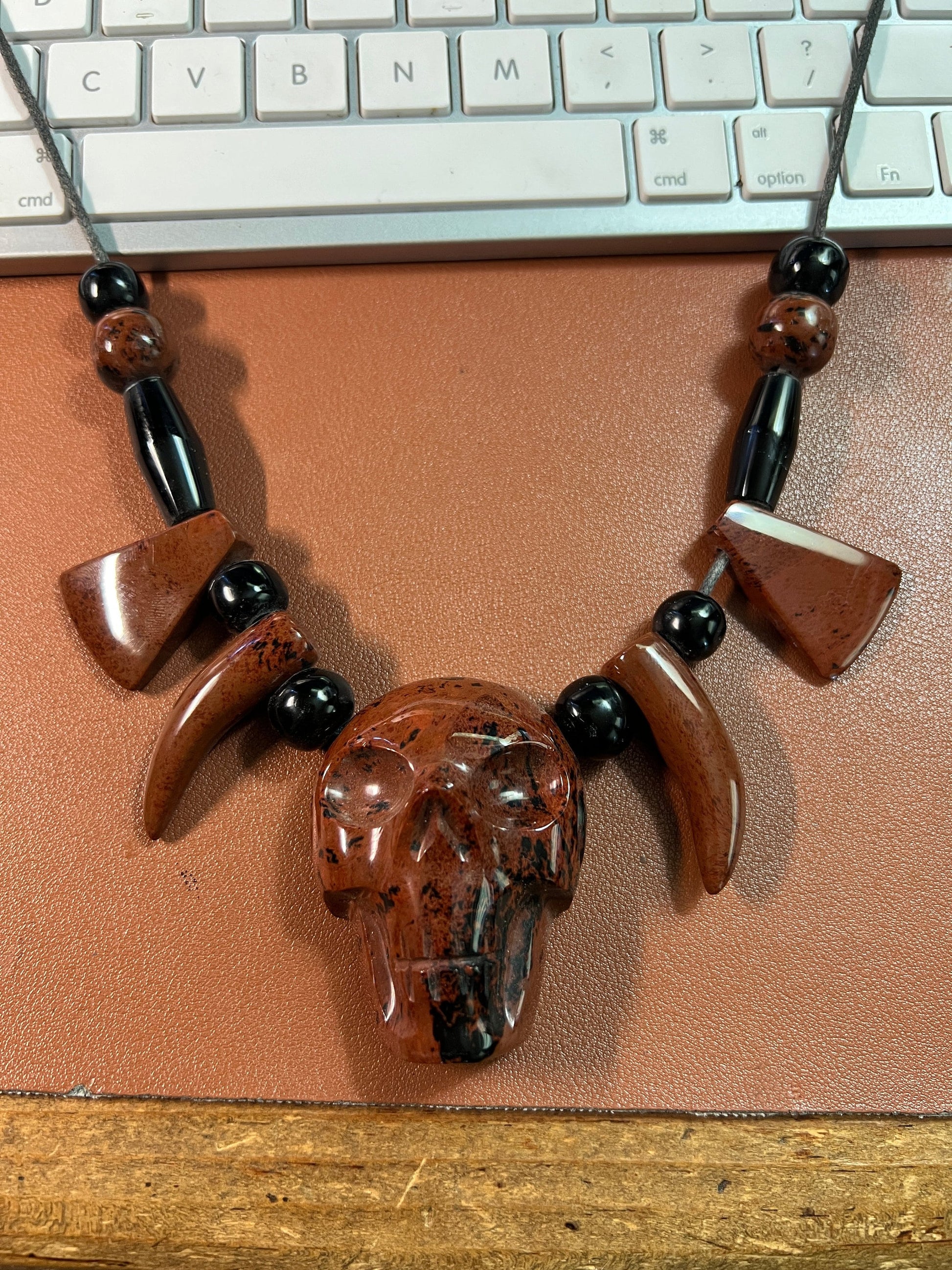 Tribal Skull Necklace made of Mahogany Obsidian and Black Obsidian, 30" from Mexico (#B)