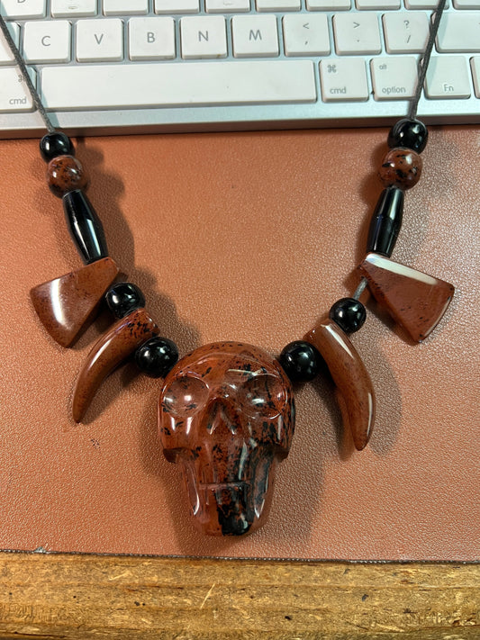 Tribal Skull Necklace made of Mahogany Obsidian and Black Obsidian, 30" from Mexico (#B)