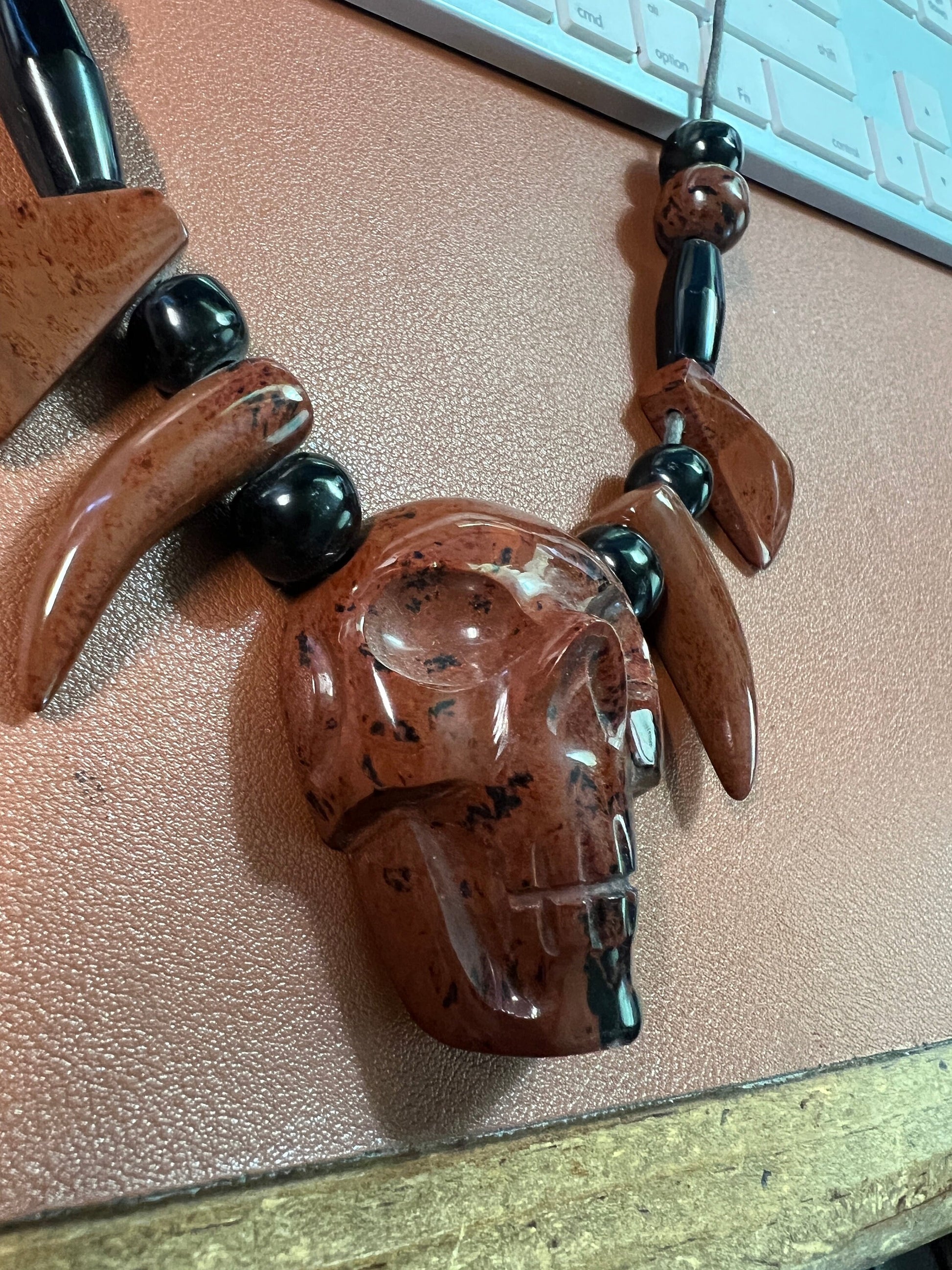 Tribal Skull Necklace made of Mahogany Obsidian and Black Obsidian, 30" from Mexico (#B)
