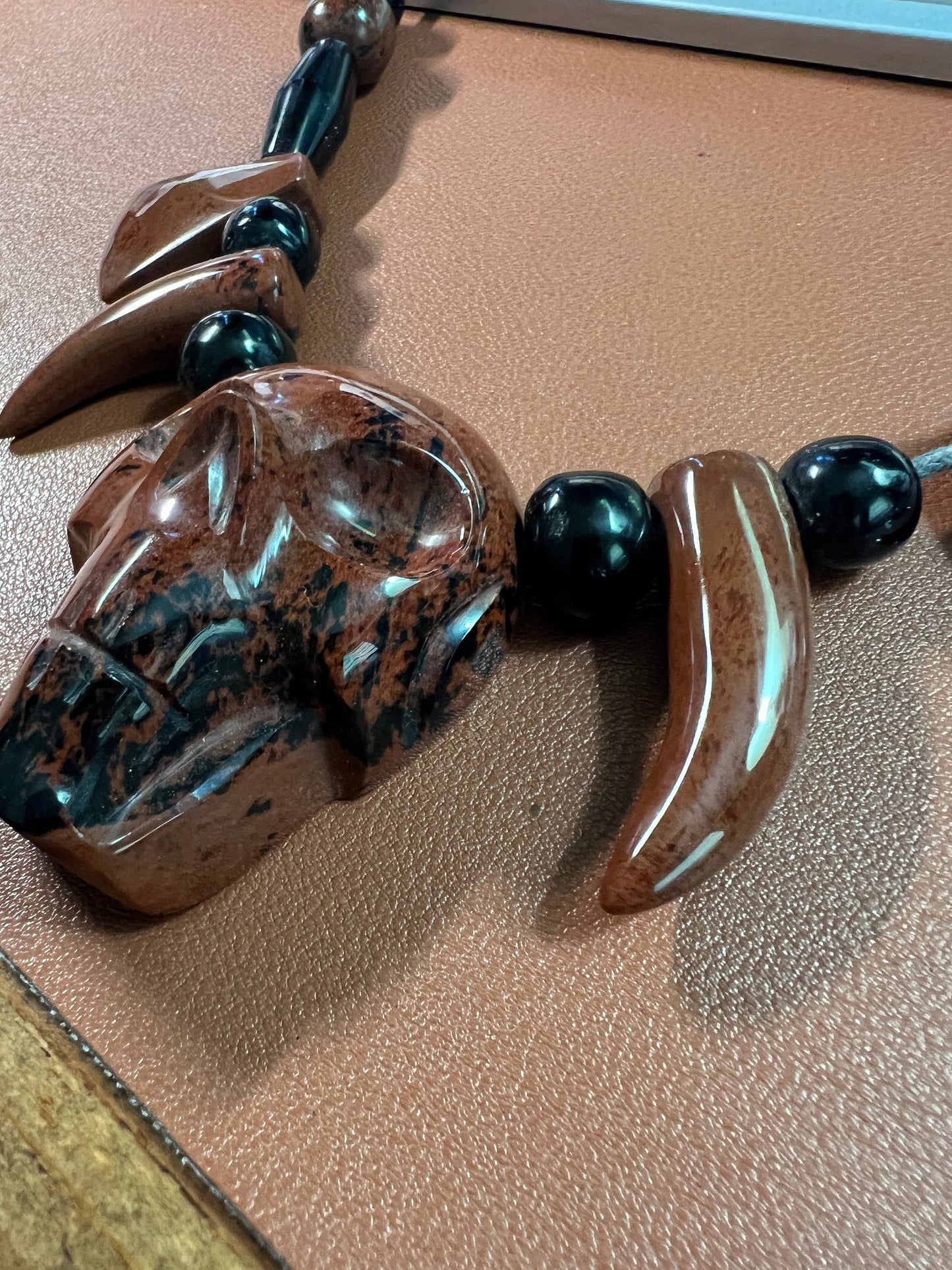 Tribal Skull Necklace made of Mahogany Obsidian and Black Obsidian, 30" from Mexico (#B)
