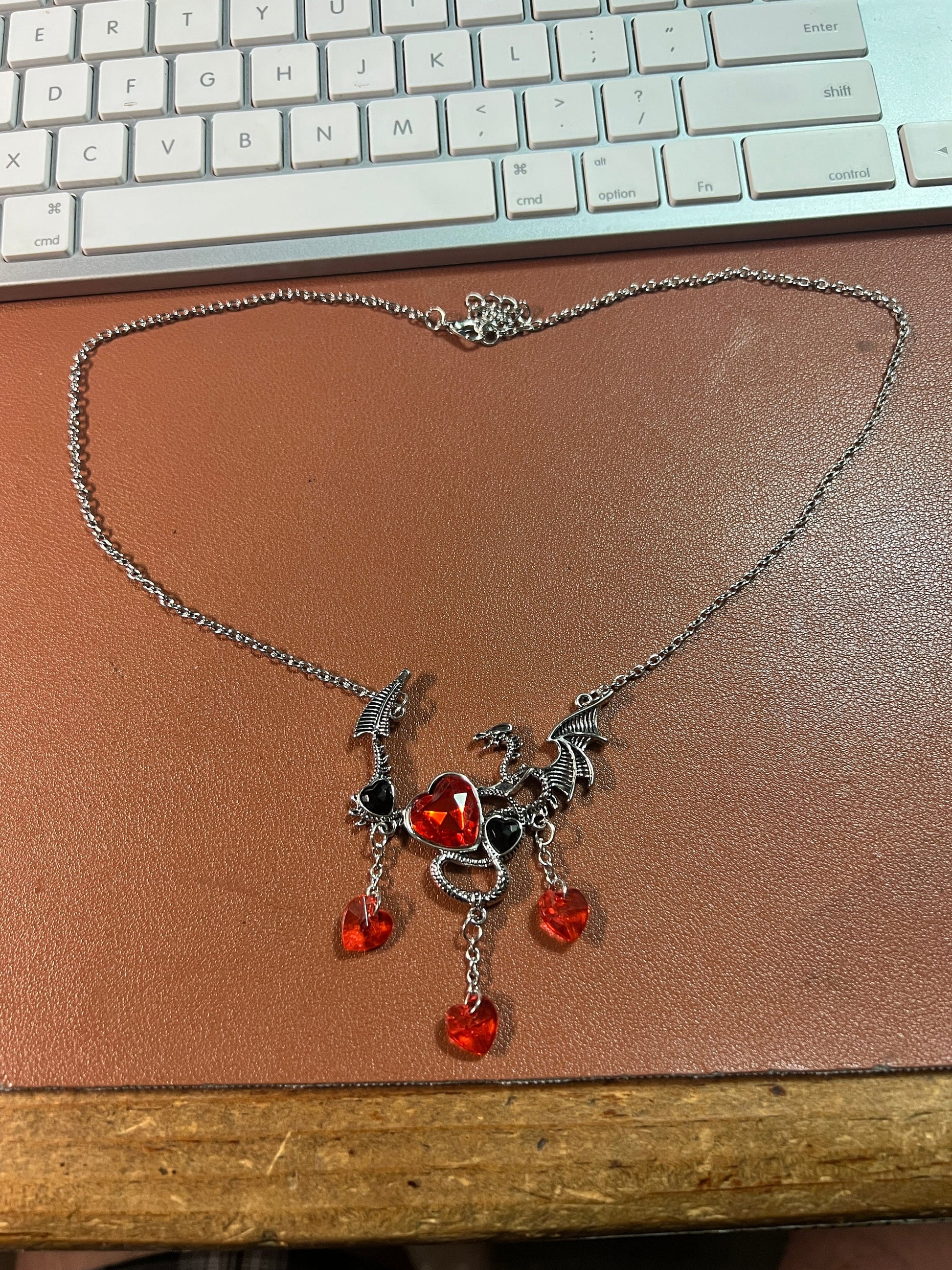 Dragon Necklace, Silver Tone Alloy, Blue or Red Costume Gems, 20" plus
