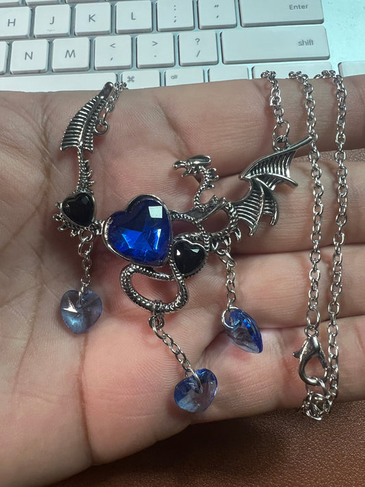 Dragon Necklace, Silver Tone Alloy, Blue or Red Costume Gems, 20" plus