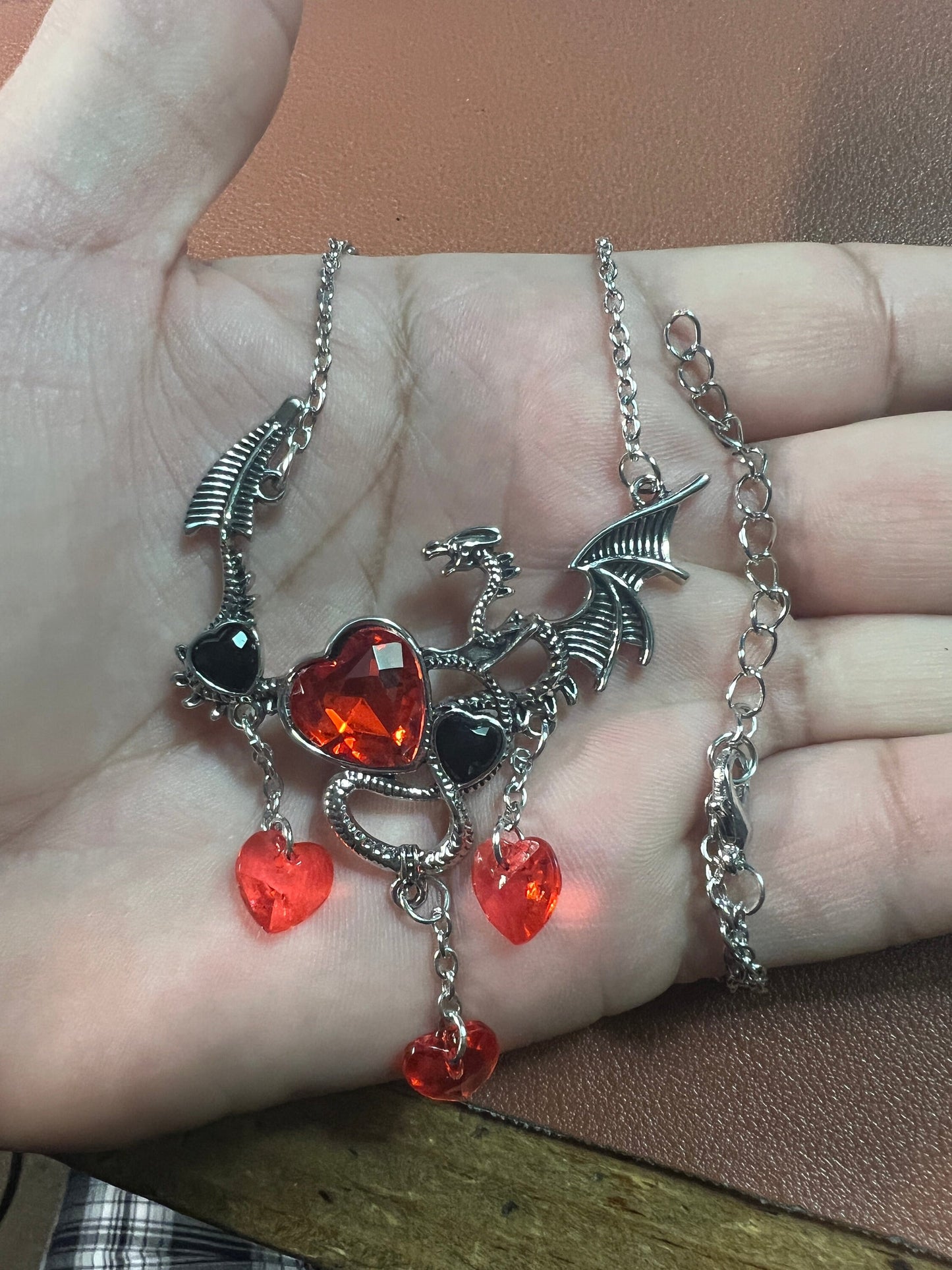 Dragon Necklace, Silver Tone Alloy, Blue or Red Costume Gems, 20" plus
