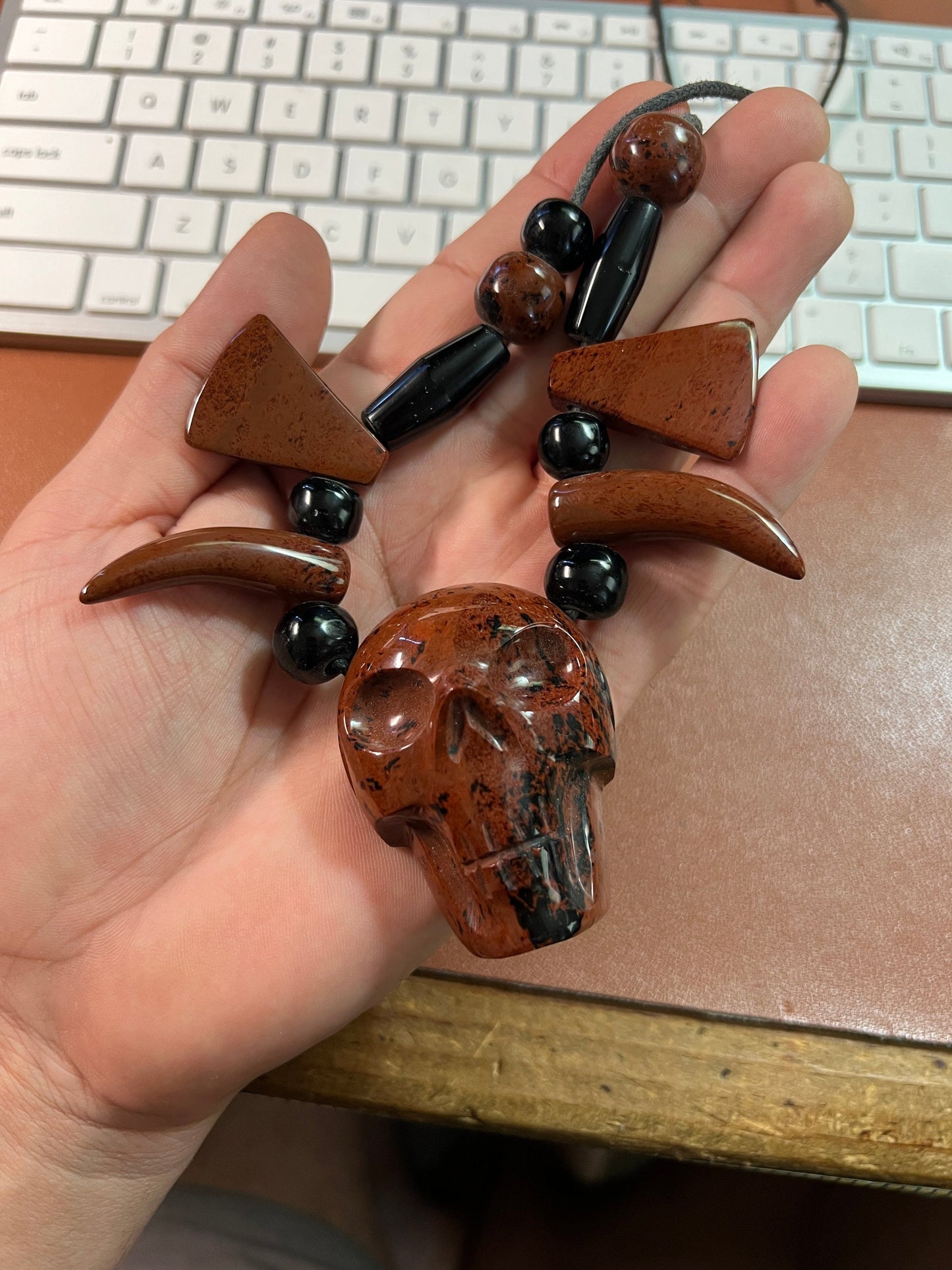 Tribal Skull Necklace made of Mahogany Obsidian and Black Obsidian, 30" from Mexico (#B)