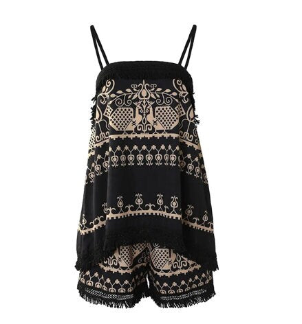 Women"s Summer Outfit, Vintage Printing Spaghetti Strap Fringed Camisole Tank Top and Loose Fit Shorts Casual Everyday Wear Hot S-XL