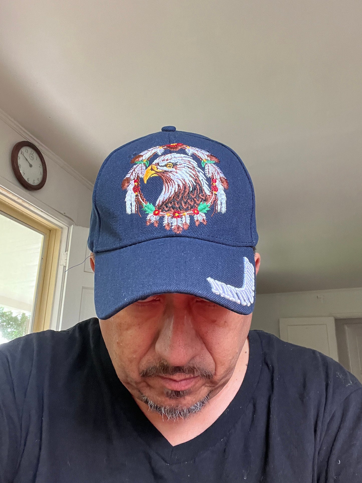 Native Pride Cap, Featuring the Eagle and Ring of Feathers, Navy Blue (One Size Fits Most) velcro adjustable strap