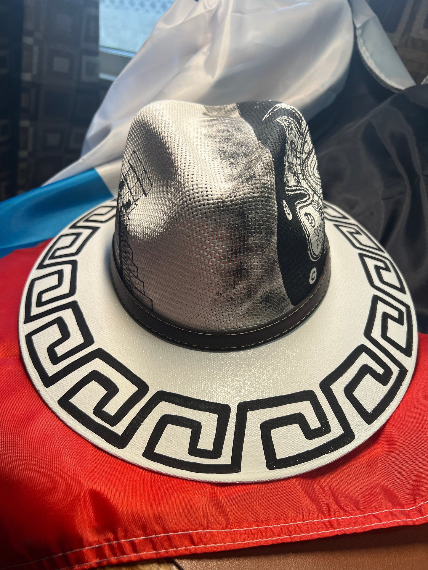 Aztec Mayan Cancun Beach Hat, White Hat, Hand Painted, Mexico, Men's size Medium (hat size 7)