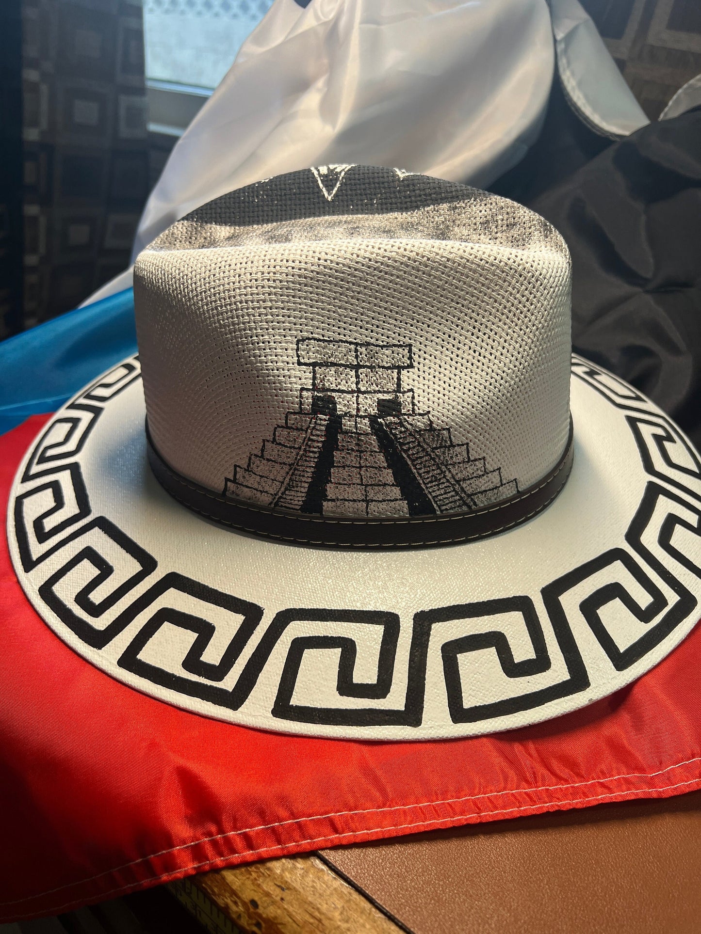 Aztec Mayan Cancun Beach Hat, White Hat, Hand Painted, Mexico, Men's size Medium (hat size 7)