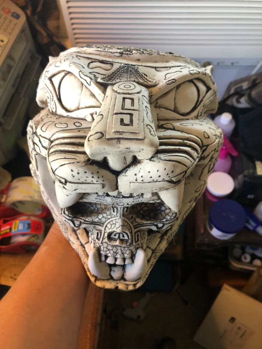 Jaguar Skull Warrior Mayan or Aztec Statue, Mexica Warrior, 8" x 8", Bone & Resin, Light Weight Cast