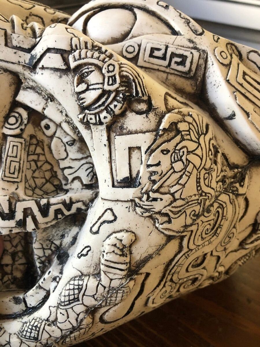Jaguar Skull Warrior Mayan or Aztec Statue, Mexica Warrior, 8" x 8", Bone & Resin, Light Weight Cast