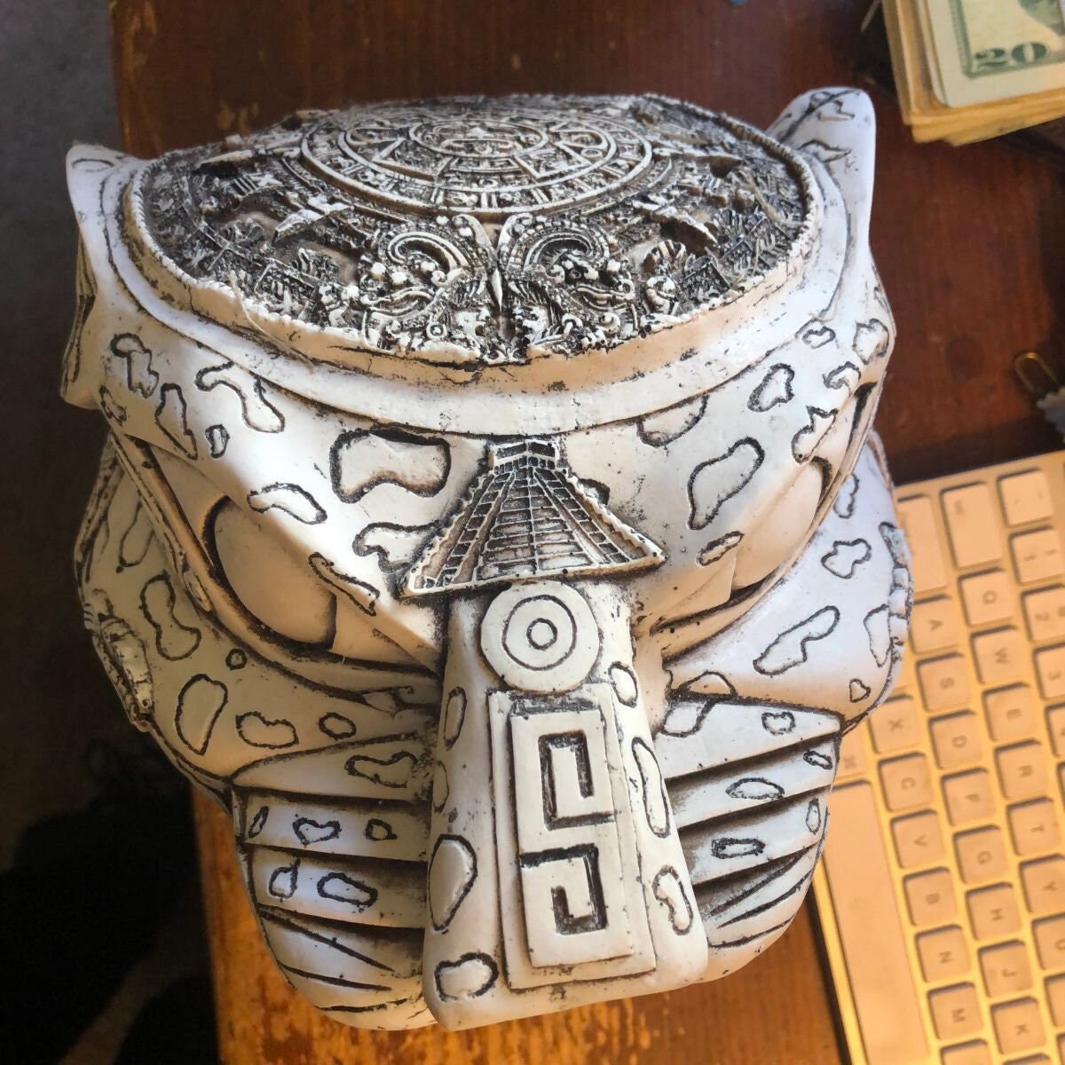 Jaguar Skull Warrior Mayan or Aztec Statue, Mexica Warrior, 8" x 8", Bone & Resin, Light Weight Cast