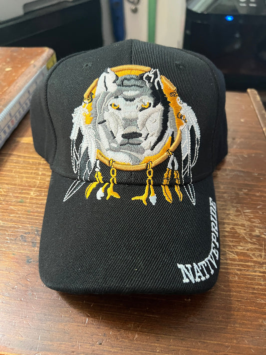 Native Pride Cap, Featuring Wolf Lobo and Silver and Gold Dream Catcher, Embroidered, Black (One Size Fits Most) velcro adjustable strap