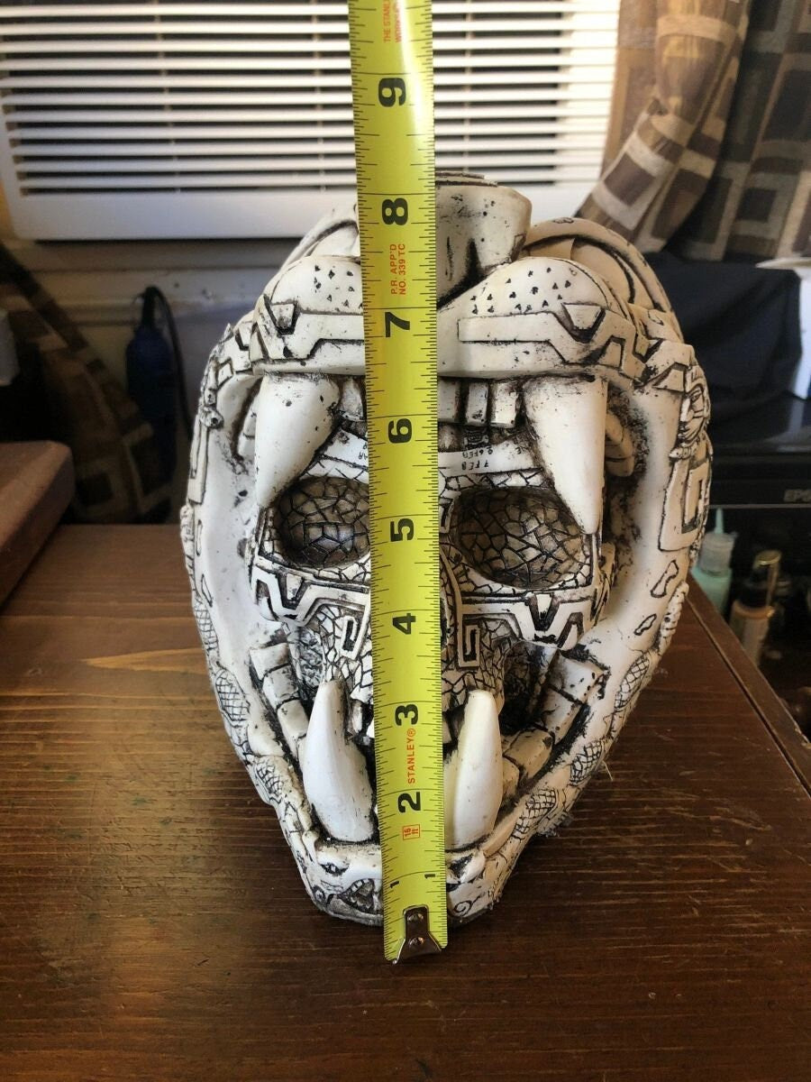 Jaguar Skull Warrior Mayan or Aztec Statue, Mexica Warrior, 8" x 8", Bone & Resin, Light Weight Cast