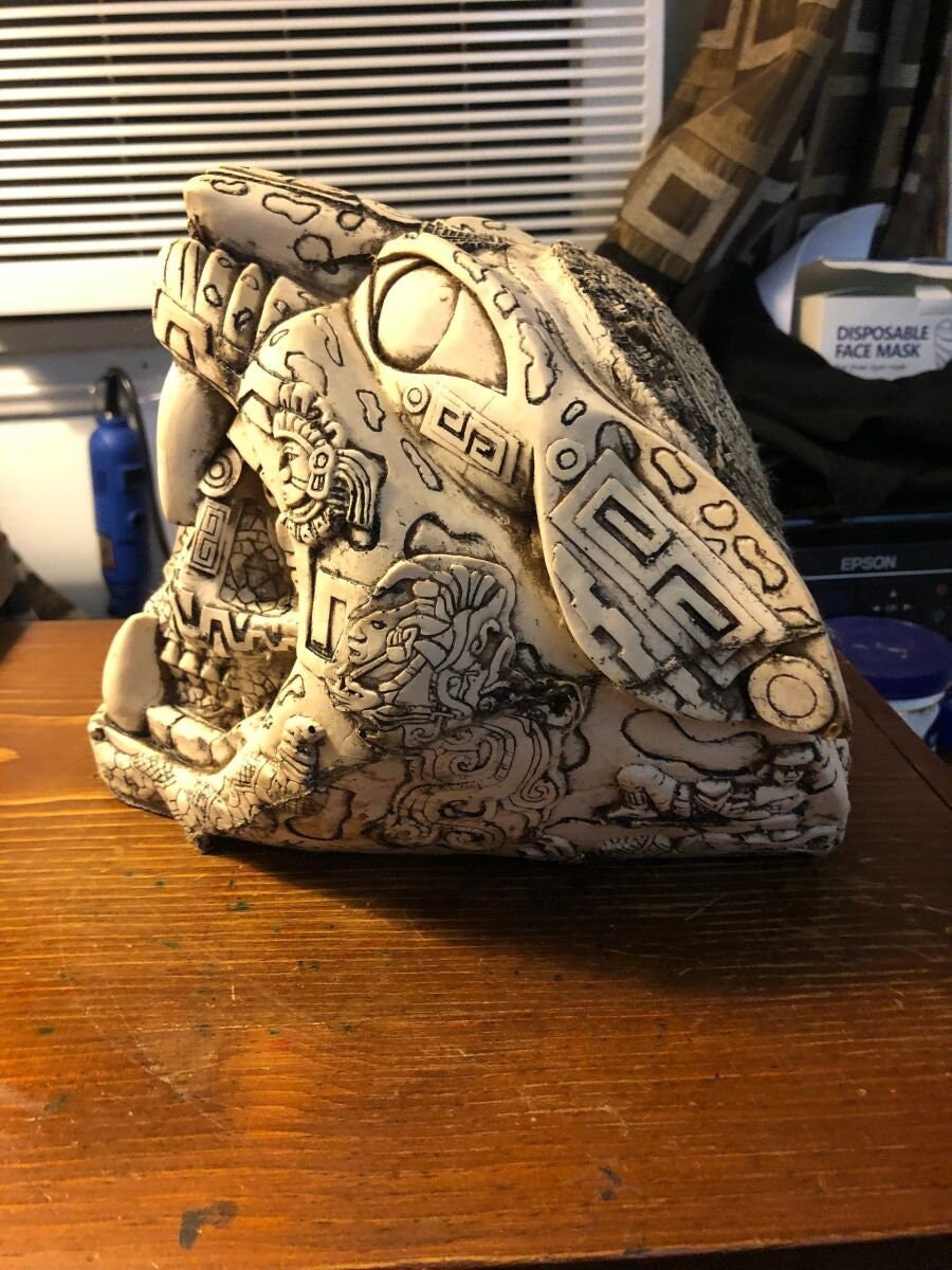 Jaguar Skull Warrior Mayan or Aztec Statue, Mexica Warrior, 8" x 8", Bone & Resin, Light Weight Cast