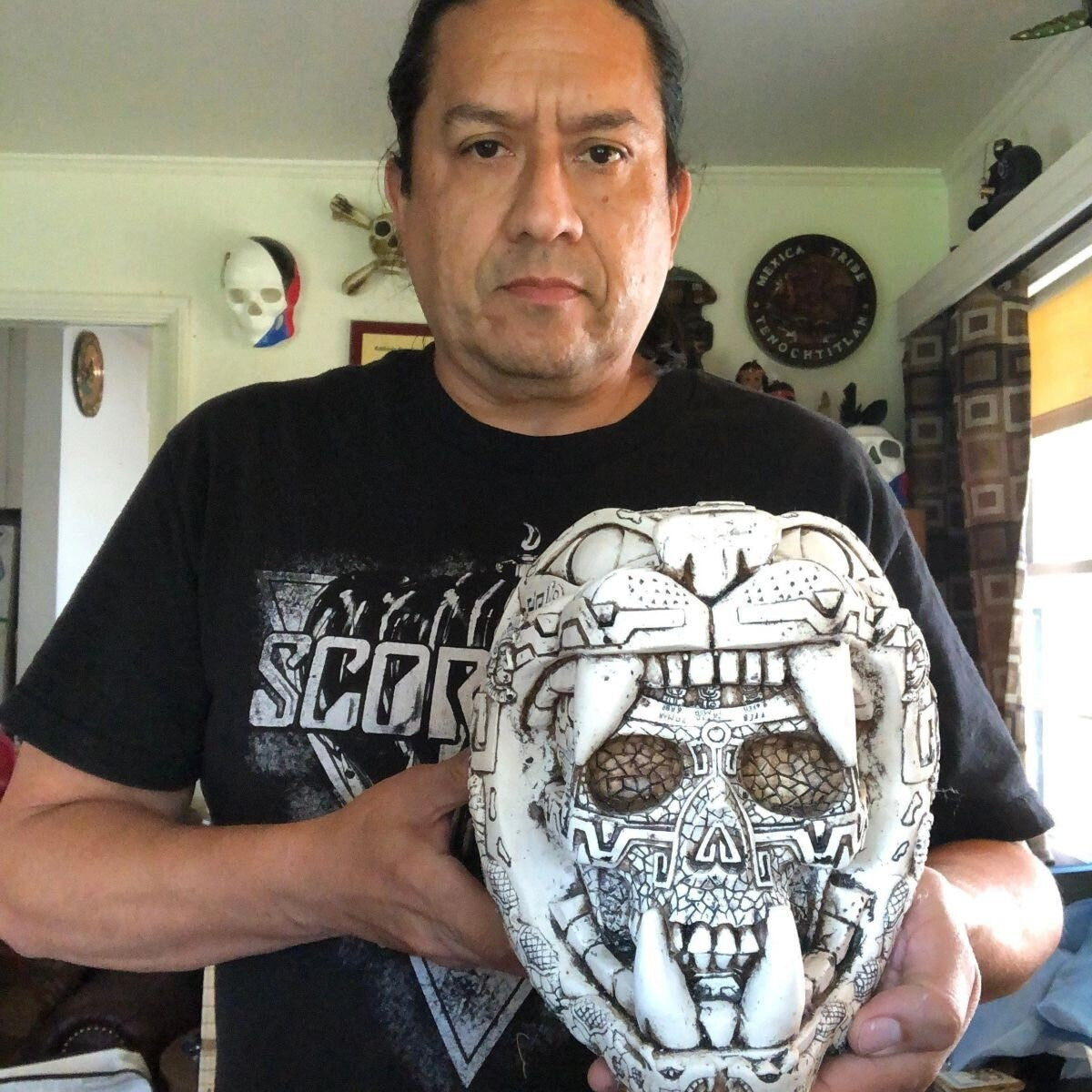 Jaguar Skull Warrior Mayan or Aztec Statue, Mexica Warrior, 8" x 8", Bone & Resin, Light Weight Cast