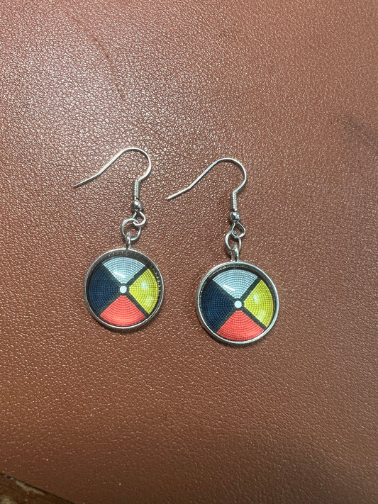 Native American Style Silver Tone Beaded Print 4 Direction Wheel Dangle Drop Earrings Jewelry (#5)