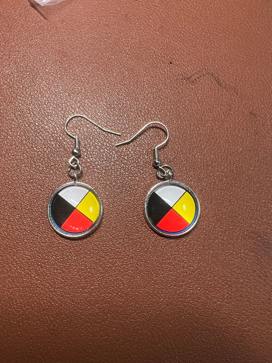 Native American Style Silver Tone Solid Print 4 Direction Wheel Dangle Drop Earrings Jewelry (#4)
