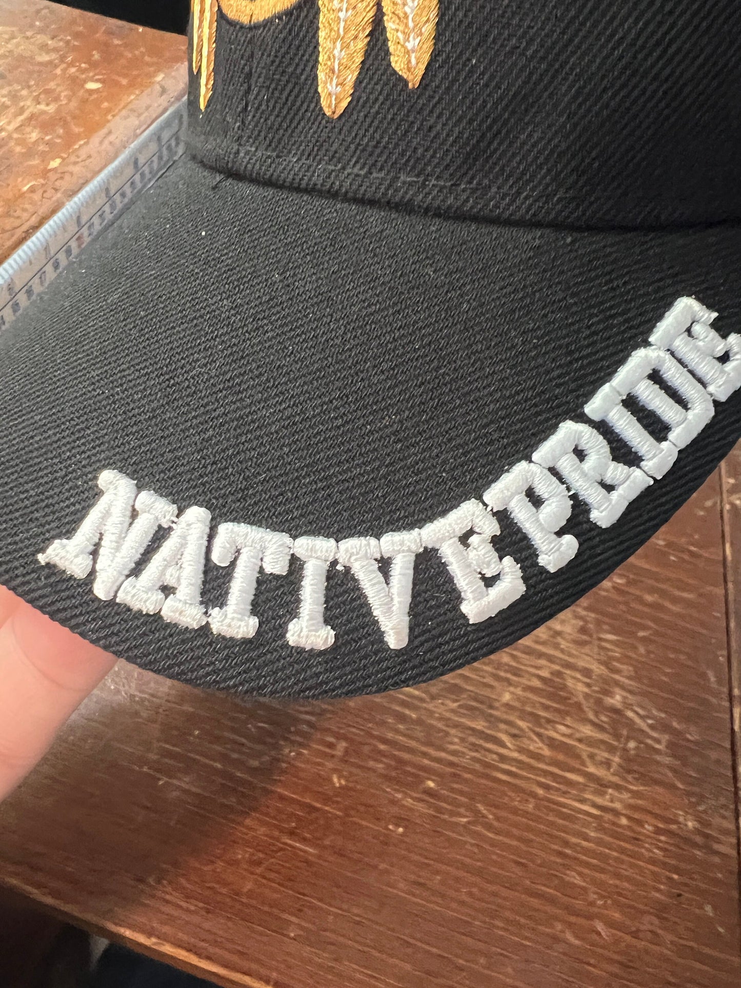 Native Pride Cap, Featuring Eagle Golden Feather Native American Symbol, Embroidered, Black (One Size Fits Most) velcro adjustable strap