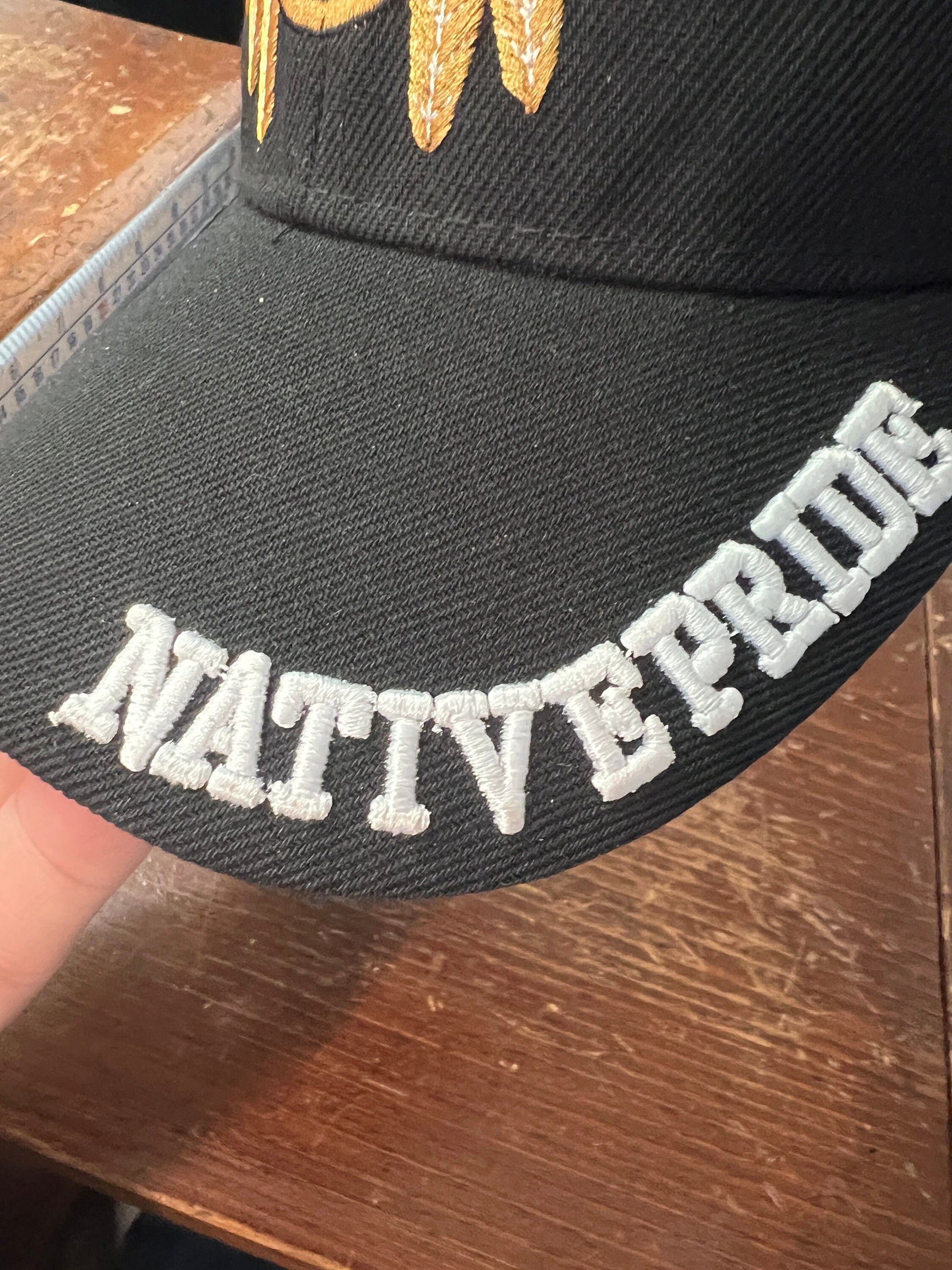 Native Pride Cap, Featuring Eagle Golden Feather Native American Symbol, Embroidered, Black (One Size Fits Most) velcro adjustable strap