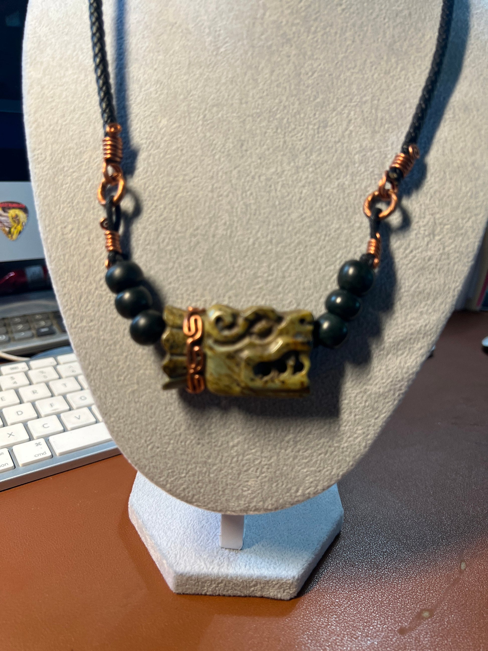 Jade Quetzalcoatl Feathered Serpent Necklace, Kukulkan Mayan Plumed Serpent Necklaces, 28", Mexica, Aztec, Mexico (#A)